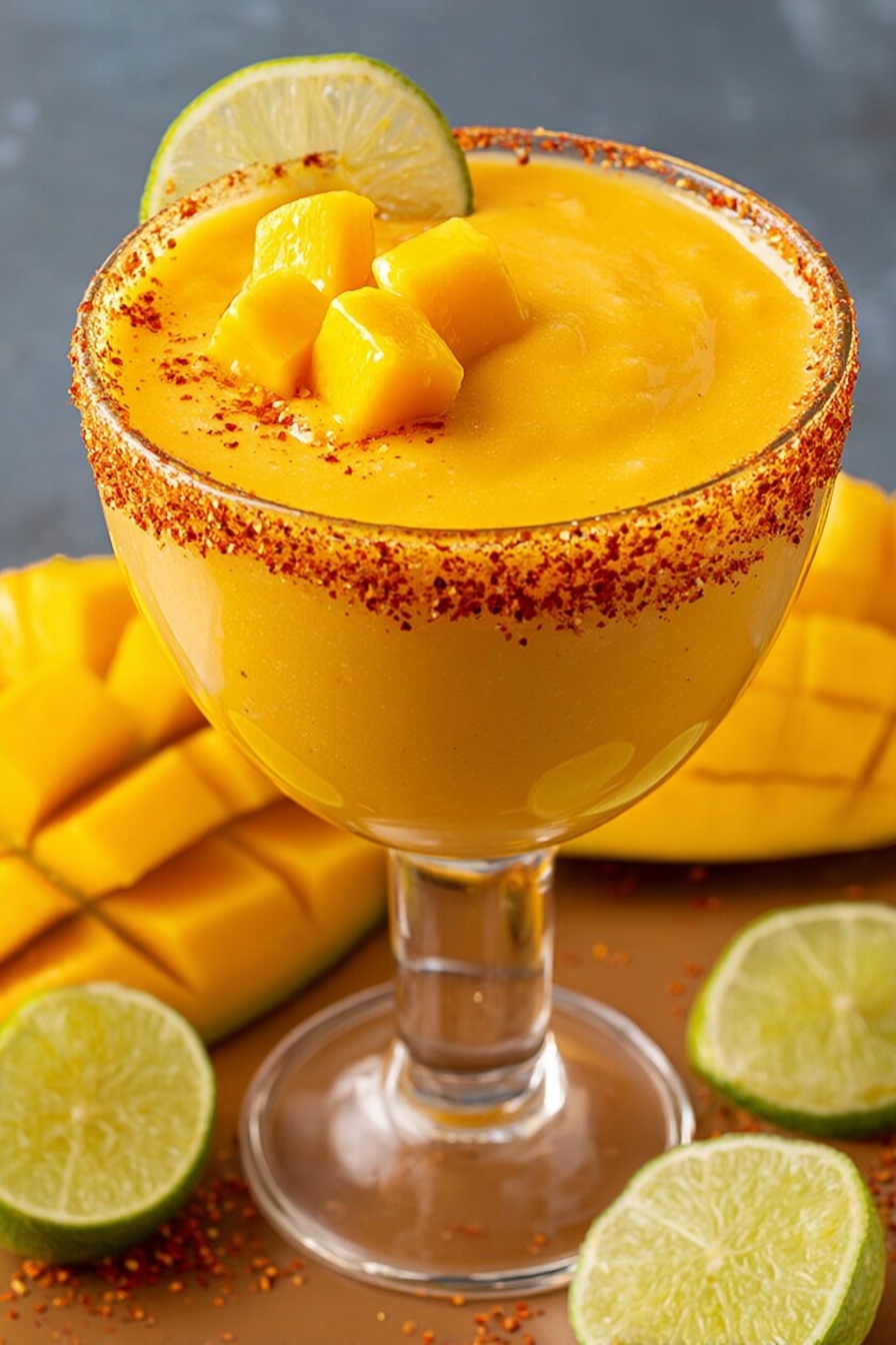 Two glasses filled with smooth, bright orange mango smoothie sit on a round white plate. Each glass is rimmed with a layer of chili powder and topped with three small mango cubes and a thin green lime slice slightly resting on the surface. The plate holds a whole red-yellow mango, a halved mango with dark spice sprinkled on it, green lime wedges also dusted with chili powder, and some scattered chili powder on the plate’s white marbled surface. A clear bottle with a black and red label is partially visible at the top. Photo taken with an iphone --ar 2:3 --v 7