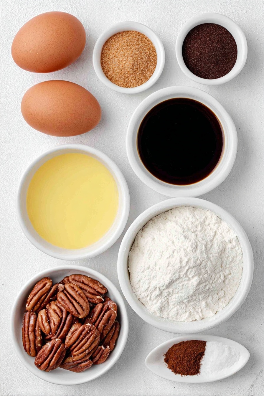 Flat lay of whole uncracked brown egg, a small mound of light brown granulated sugar, a small mound of dark brown packed sugar, a small white ceramic bowl of melted golden butter, a small white ceramic bowl of heavy cream, a small white ceramic bowl of dark amber corn syrup, a small white ceramic bowl of vanilla bean paste, a small handful of fresh pecan halves and pieces, a small heap of all-purpose flour, a small heap of ground cinnamon powder, and a small pinch of kosher salt crystals, all arranged in perfect symmetry and fresh natural appearance on a clean white marble surface, soft natural light, photo taken with an iPhone, professional food photography style, fresh ingredients, white ceramic bowls, no bottles, no duplicates, no utensils, no packaging --ar 2:3 --v 7 --p m7354615311229779997