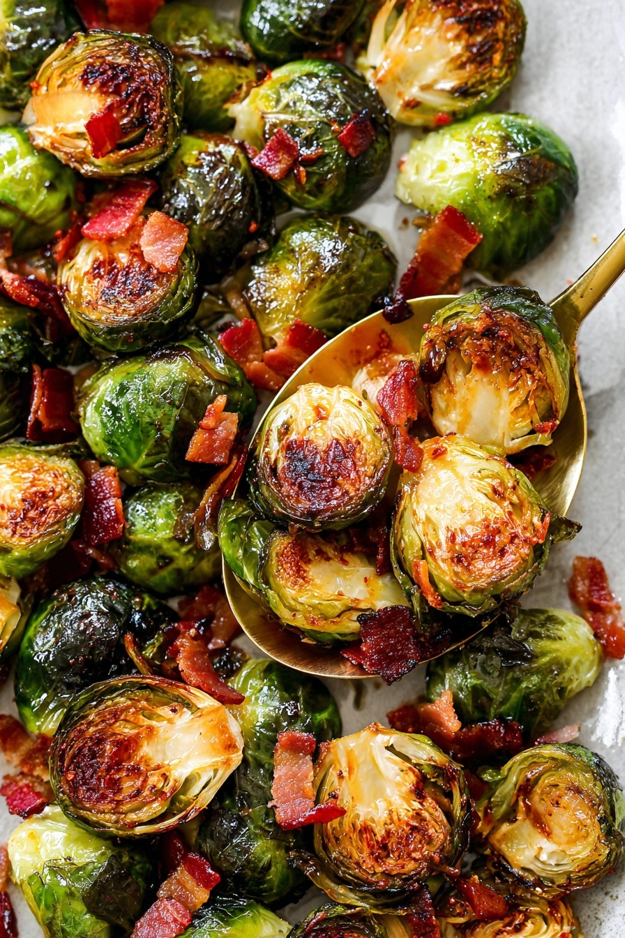The image shows a close-up of roasted Brussels sprouts with small pieces of reddish-brown bacon scattered on top. The Brussels sprouts are cut in half, showing a mix of bright green and crispy dark brown charred edges, with a glossy texture from roasting. A thick amber honey-like sauce is being poured over the center Brussels sprout, shining warmly in the light. A wooden spoon is partially visible on the right side, appearing weathered and textured. The background is a white marbled texture that softly contrasts with the vibrant colors of the food. Photo taken with an iphone --ar 2:3 --v 7