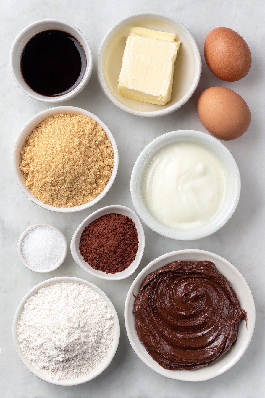 Flat lay of a small white ceramic bowl filled with golden graham cracker crumbs, a few coarse grains of kosher salt scattered beside it, a small white bowl holding melted unsalted butter with a silky sheen, a pile of sifted all-purpose flour with a soft powdery texture, a heap of packed light brown sugar with a moist surface, a small mound of reddish-brown dutch-processed cocoa powder, a small white bowl with smooth vegetable oil shimmering, two large whole brown eggs with clean uncracked shells, a small white bowl of creamy whole buttermilk, a small white bowl with dark hot black coffee emitting slight steam, a small white bowl containing clear vanilla extract, a dollop of glossy Nutella hazelnut spread on white ceramic plate with visible ripples, a small white bowl filled with fine granulated sugar sparkling under the light, a few large white egg whites in a white ceramic bowl appearing translucent and fresh, and a small pinch of kosher salt displayed plainly on the surface, all perfectly arranged with balanced proportions and perfect symmetry, placed on a clean white marble surface, soft natural light, photo taken with an iPhone, professional food photography style, fresh ingredients, white ceramic bowls, no bottles, no duplicates, no utensils, no packaging --ar 2:3 --v 7 --p m7354615311229779997