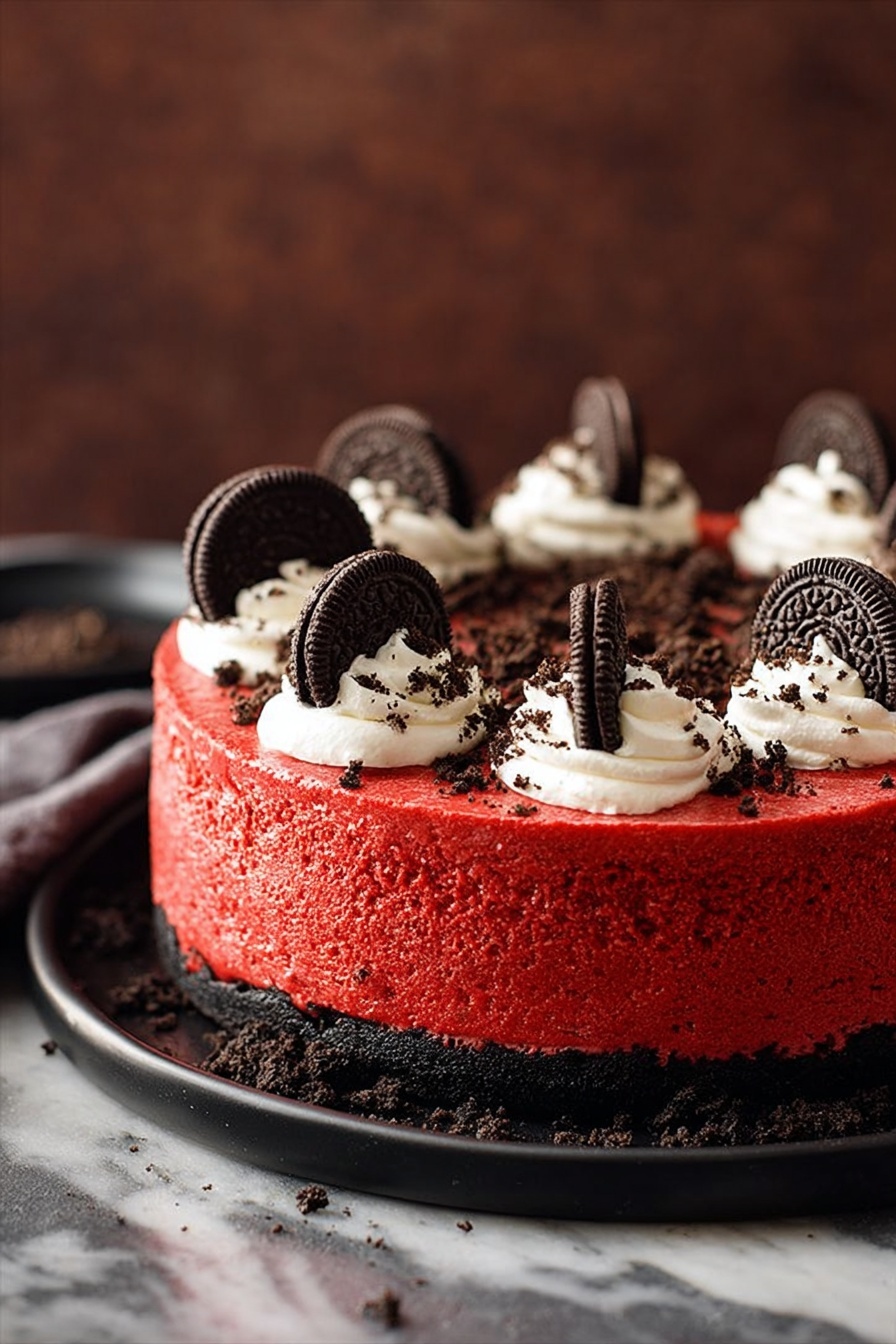 A round cake with a rough textured bright red layer covering the sides and top, sitting on a black plate placed on a white marbled surface. The top has several whipped cream swirls arranged in a circle, each topped with half of a dark chocolate sandwich cookie. The edge of the cake has a thin dark crumb layer, matching the cookie crumbles sprinkled over the whipped cream. The background is blurred and dark brown, giving focus to the cake photo taken with an iphone --ar 2:3 --v 7