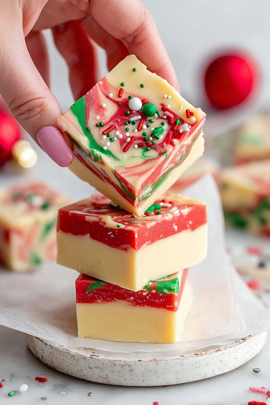 The image shows a stack of four square-shaped colorful fudge pieces on white parchment paper on a white plate with a slightly rough edge. The top piece is held by a woman's hand and has a marbled red and cream surface decorated with small red, green, and white round and stick sprinkles. Below it, the second piece has alternating thick layers of red and cream, with tiny festive sprinkles on top. The third piece shows a creamy base with green swirls and subtle sprinkles. The bottom piece has a cream color base with red swirls and a few sprinkles. The plate is set on a white marbled surface with some sprinkles scattered around, and a red ornament is visible out of focus in the background. photo taken with an iphone --ar 2:3 --v 7