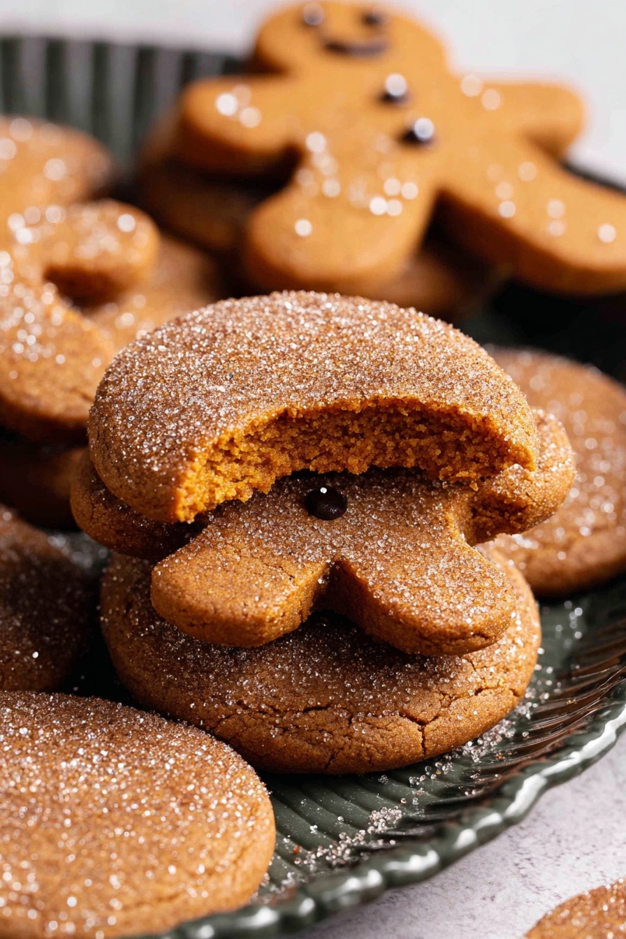 This image shows round brown ginger cookies on a white marbled surface, some stacked and one broken in half to show its soft, moist inside. Each cookie has a small gingerbread man shape on top in the same brown color, with three tiny dark dots down the center. The cookies are lightly sprinkled with sugar, adding a grainy texture on top. The background is blurred but shows more cookies spread out. photo taken with an iphone --ar 2:3 --v 7