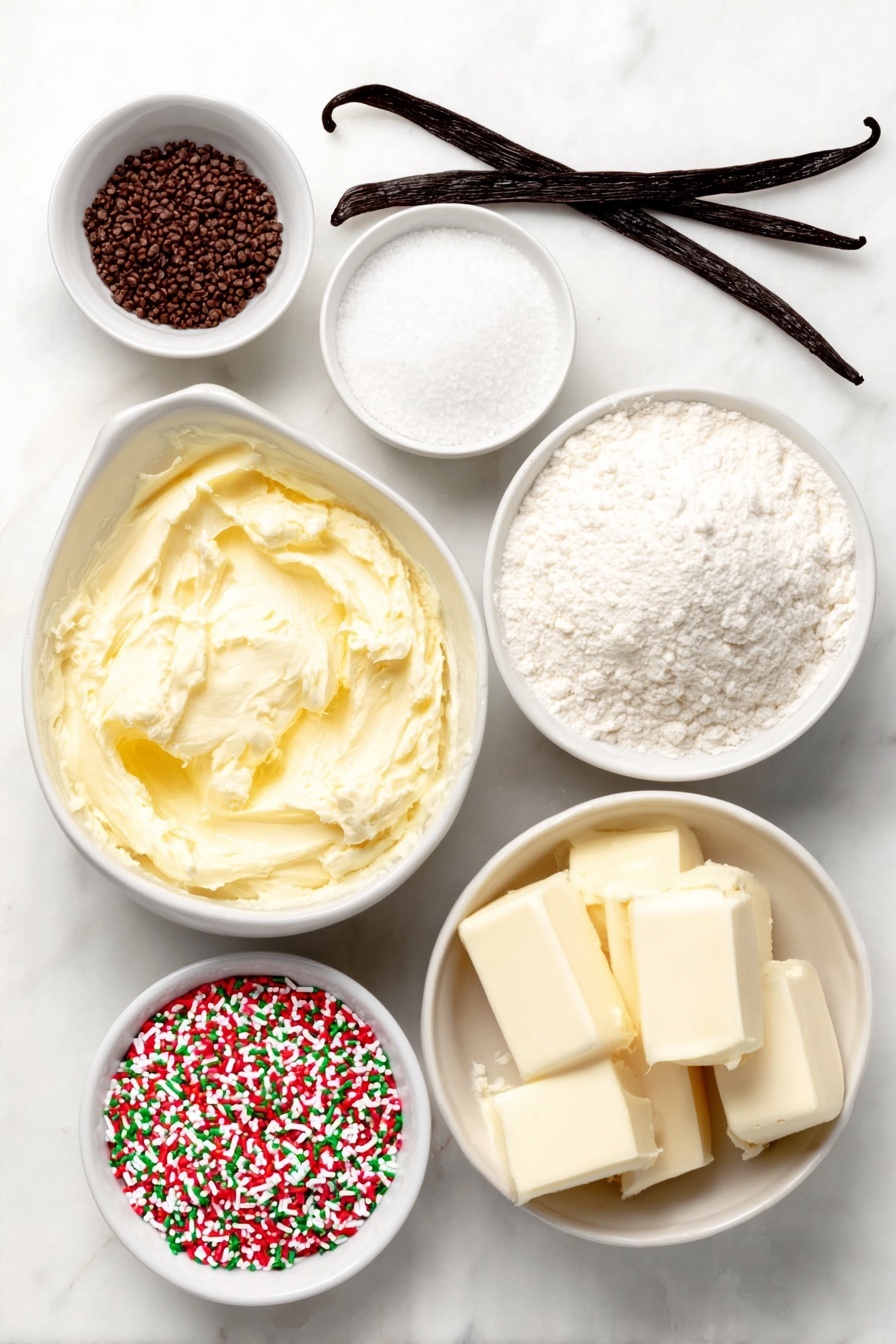 Flat lay of a small white ceramic bowl filled with softened unsalted butter, a small white ceramic bowl of fine powdered sugar, a fresh whole vanilla bean pod split open revealing tiny seeds, a simple white ceramic bowl holding unbleached all-purpose flour, a tiny white ceramic bowl with coarse kosher salt, a small white ceramic bowl filled with smooth melted white chocolate wafers, and a neat pile of colorful holiday sprinkles scattered beside the bowls, all arranged with perfect symmetry and balanced proportions, placed on a clean white marble surface, soft natural light, photo taken with an iPhone, professional food photography style, fresh ingredients, white ceramic bowls, no bottles, no duplicates, no utensils, no packaging --ar 2:3 --v 7 --p m7354615311229779997