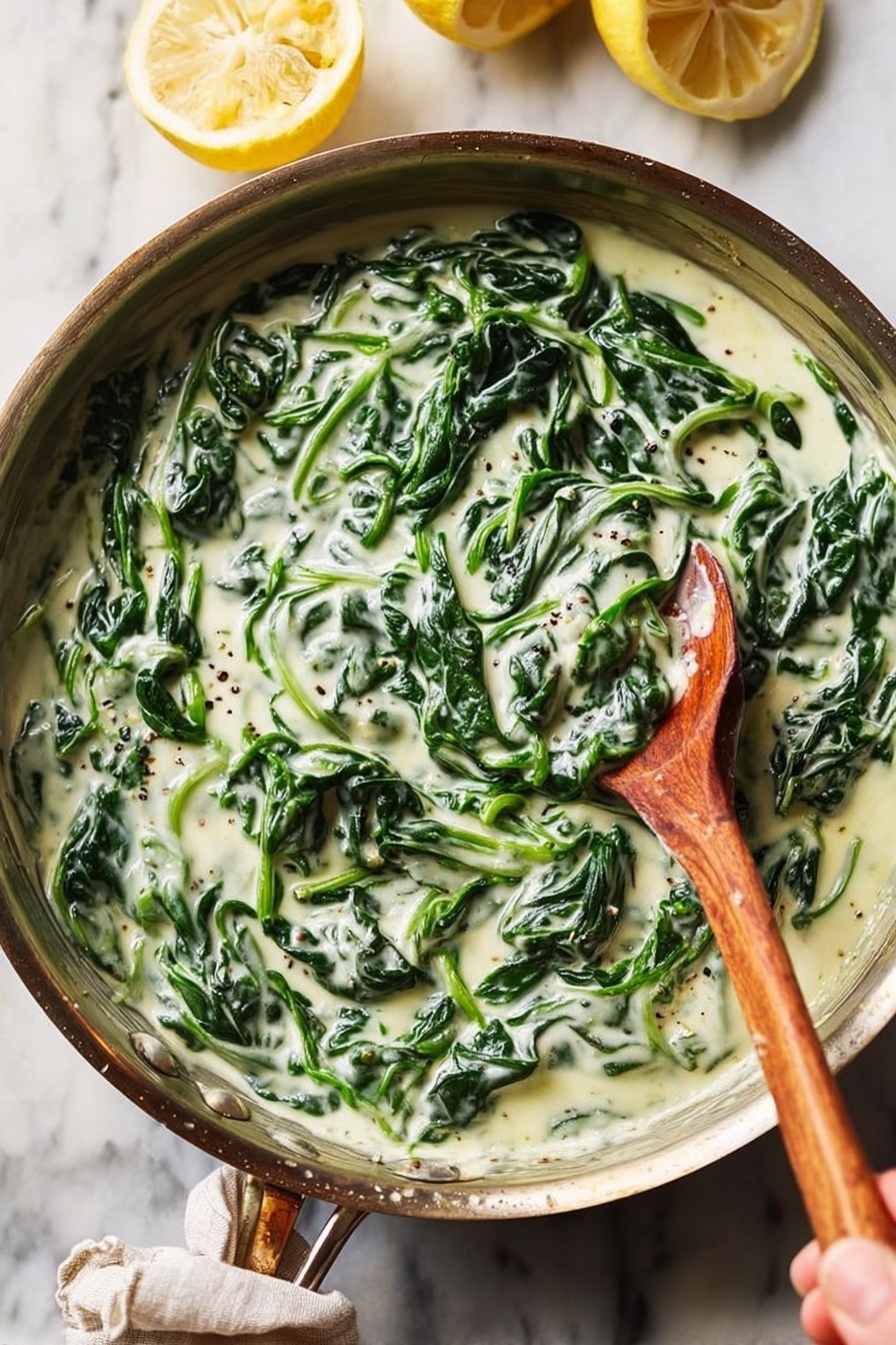 A close-up view of a stainless steel pan filled with creamy cooked spinach. The dish shows fresh dark green spinach leaves enveloped in a smooth, thick white cream sauce with small black pepper specks. On the right side, a wooden spoon is partially dipped into the sauce, held by a woman's hand. In the background, there is a half lemon and a lemon juicer on a white marbled surface. photo taken with an iphone --ar 2:3 --v 7