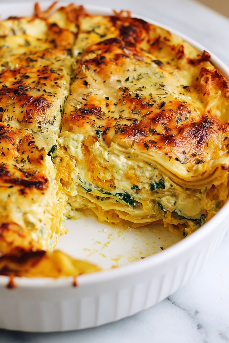 The image shows two thick, square-shaped portions of a baked dish placed side by side on a white plate. Each piece has a golden-brown, slightly crispy top layer with visible specks of herbs and melted cheese. Beneath the top, the texture looks soft and layered, containing light-colored potato slices mixed with green leafy vegetables, all held together by a creamy sauce. The dish is set on a rustic wooden surface with a green cloth partially visible underneath the plate. The overall look is warm and appetizing, with a mix of soft and crunchy textures photo taken with an iphone --ar 2:3 --v 7