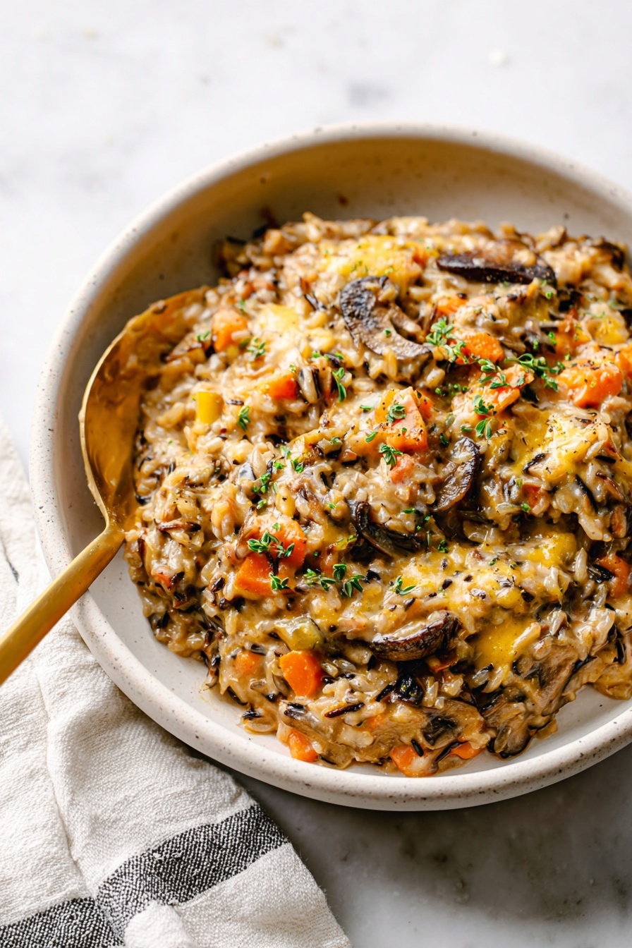 In a light blue pot on a white marbled surface, there is a thick creamy stew with visible ingredients like orange carrot cubes, green celery pieces, white chunks of meat, and dark strips of wild rice mixed evenly throughout. The creamy base has a light beige color, speckled with herbs and spices. A wooden spoon is partially dipped into the stew, showing the rich texture and mix of different colors clearly. Photo taken with an iphone --ar 2:3 --v 7