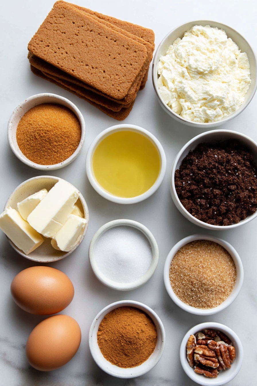 Flat lay of gingersnap cookies whole in a small neat stack, graham cracker sheets arranged flat in a small pile, a small white ceramic bowl of granulated sugar, a small white ceramic bowl of salt, a small white ceramic bowl with melted butter showing golden liquid, a small white ceramic bowl of smooth pumpkin puree with natural texture, a small white ceramic bowl of packed light brown sugar, a small white ceramic bowl with ground cinnamon displaying warm brown powder, a small white ceramic bowl with ground nutmeg, allspice, ground cloves, and ground ginger mixed showcasing varied warm spices, a small white ceramic bowl of black pepper powder, a small white ceramic bowl with heavy cream, a small white ceramic bowl with cornstarch white powder, four whole uncracked brown eggs, a small white ceramic bowl with clear vanilla extract liquid, a small white ceramic bowl of finely chopped pecans showing natural nut pieces, a small white ceramic bowl of packed dark brown sugar, a small white ceramic bowl of corn syrup golden and glossy, a small white ceramic bowl with turbinado sugar light golden crystals, all items arranged symmetrically and proportionally, placed on a clean white marble surface, soft natural light, photo taken with an iPhone, professional food photography style, fresh ingredients, white ceramic bowls, no bottles, no duplicates, no utensils, no packaging --ar 2:3 --v 7 --p m7354615311229779997