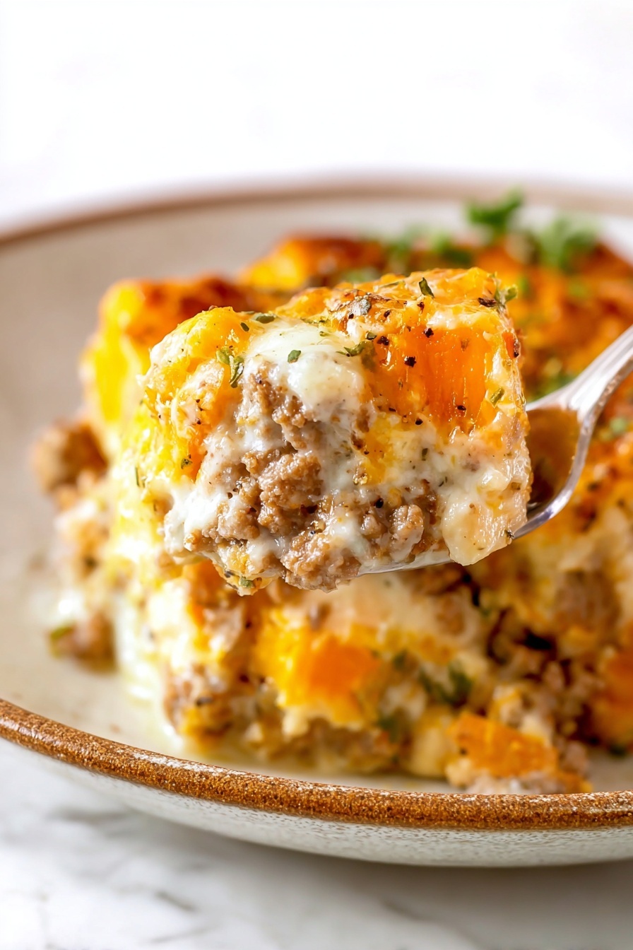 A white rectangular casserole dish filled with a layered cheesy bake, where the top layer is melted golden-yellow and white cheese mixed with small bits of browned ground meat, sprinkled with fresh green herbs. The dish shows multiple layers beneath the cheese, including a soft, slightly browned bread or biscuit base, a creamy sauce with visible chunks of meat, and melted cheese layers creating a rich texture. A gold serving spoon lifts one square piece, showing the layers clearly in a thick portion. The dish sits on a white marbled surface with a beige cloth partly visible next to it. Photo taken with an iphone --ar 2:3 --v 7