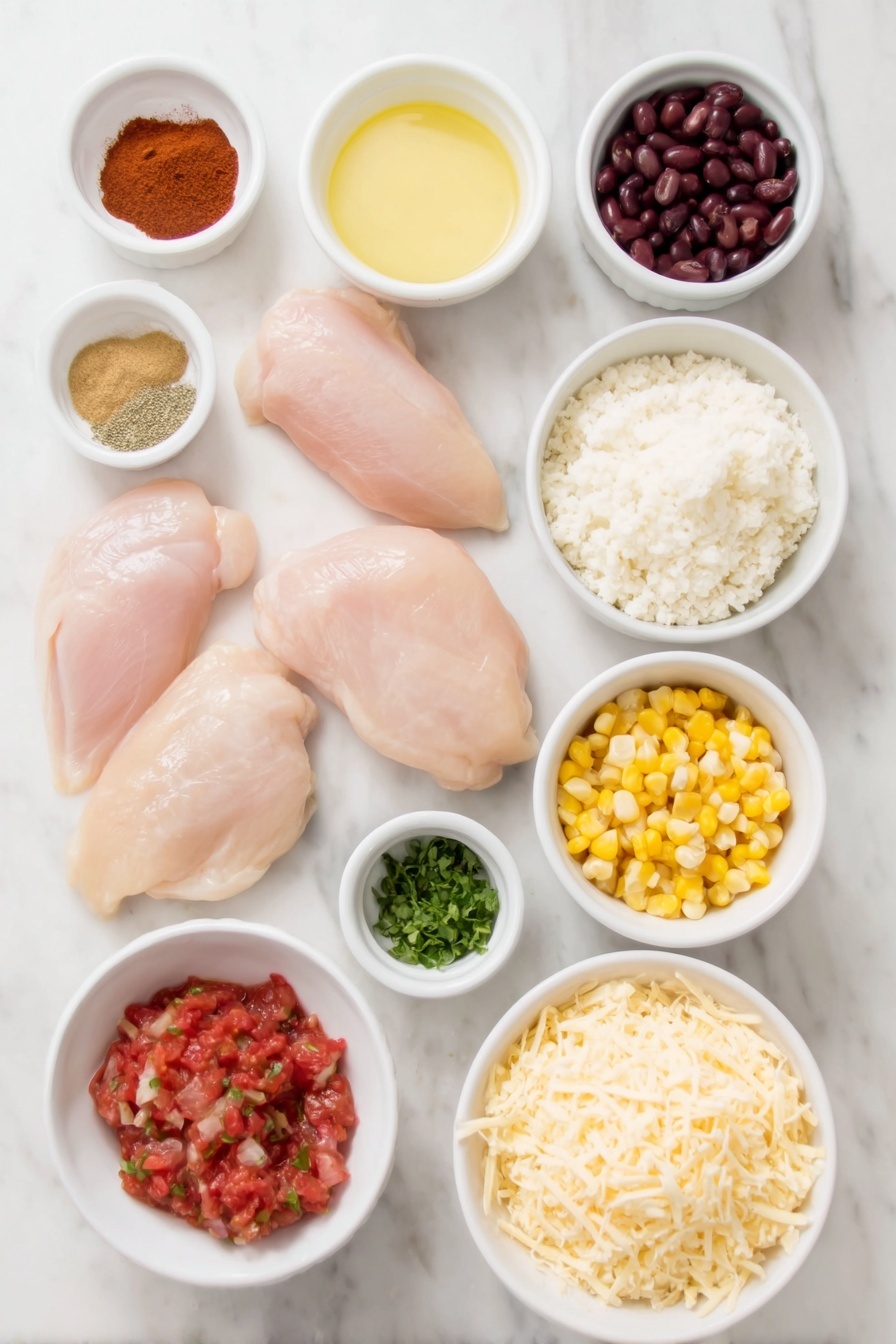 Flat lay of four small raw boneless skinless chicken breasts with smooth pale pink flesh, a small white ceramic bowl of golden melted butter, a neat pile of reddish-brown chili powder, small heaps of warm-toned ground cumin, beige garlic powder, pale tan onion powder, deep red smoked paprika, light green dried oregano leaves, and coarse white salt arranged symmetrically, a small white bowl filled with glossy black beans, a small white bowl of bright yellow corn kernels, a small white bowl holding chunky vibrant fire-roasted diced tomatoes, a small white bowl of mild chopped green chiles, a small white bowl with chunky red salsa, a white ceramic plate with fluffy cooked white rice, a small mound of freshly grated sharp cheddar cheese with a rich orange hue, a small heap of freshly grated Monterey Jack cheese in creamy pale yellow, and a few sprigs of bright green fresh cilantro, all placed on a clean white marble surface, soft natural light, photo taken with an iPhone, professional food photography style, fresh ingredients, white ceramic bowls, no bottles, no duplicates, no utensils, no packaging --ar 2:3 --v 7 --p m7354615311229779997