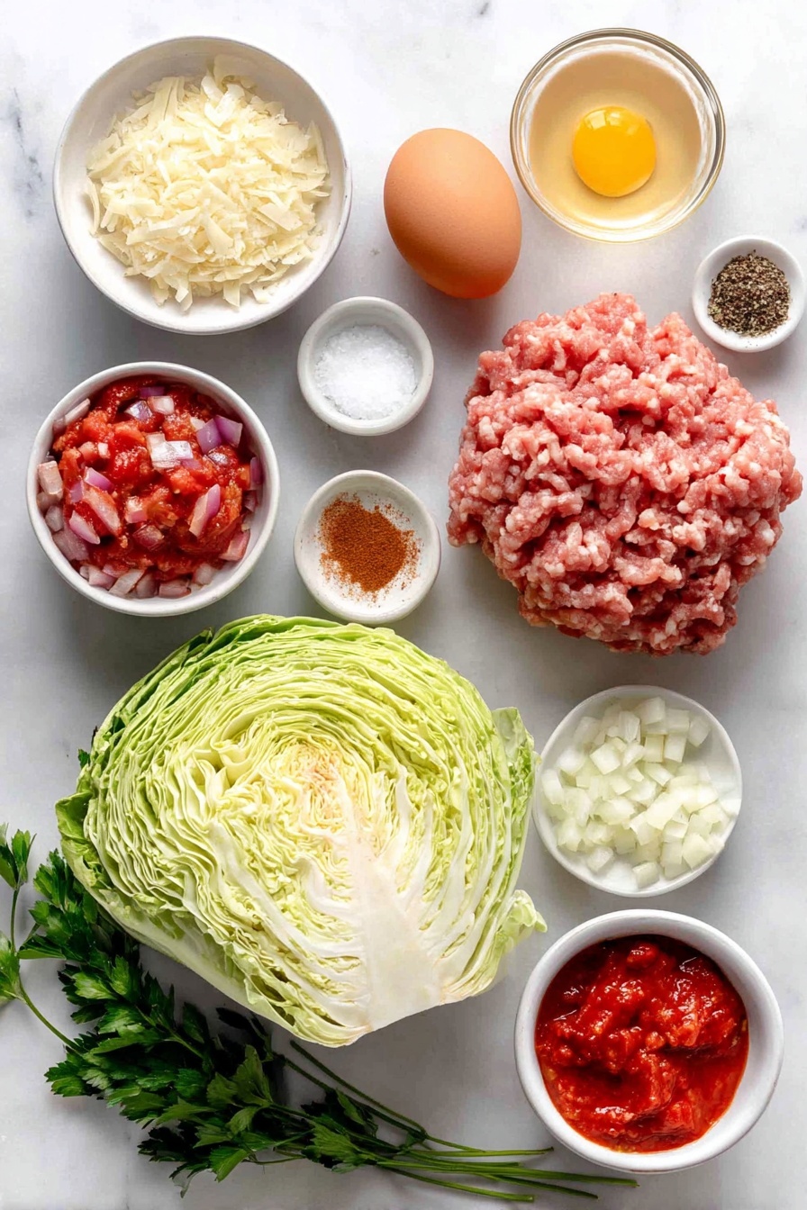 Flat lay of a whole head of fresh green cabbage with crisp leaves, a small white ceramic bowl filled with fluffy cooked white rice, a mound of raw ground turkey in natural pink tones, a mound of raw Italian sausage with marbled fat and rich red color, one whole clean uncracked brown egg, a small white ceramic bowl holding golden Italian bread crumbs, a small white ceramic bowl with diced bright red onion, a small white ceramic bowl with minced fresh white garlic cloves, a small white ceramic bowl filled with vibrant red crushed tomatoes, a small white ceramic bowl with smooth red tomato sauce, a small white ceramic bowl containing fine white granulated sugar, small piles of ground warm brown cumin and reddish-brown ground cinnamon powders arranged separately, a small white ceramic bowl of clear golden chicken stock, a few sprigs of fresh bright green parsley, and small piles of coarse kosher salt and freshly cracked black peppercorns—all arranged with perfect symmetry and realistic proportions, placed on a clean white marble surface, soft natural light, photo taken with an iPhone, professional food photography style, fresh ingredients, white ceramic bowls, no bottles, no duplicates, no utensils, no packaging --ar 2:3 --v 7 --p m7354615311229779997