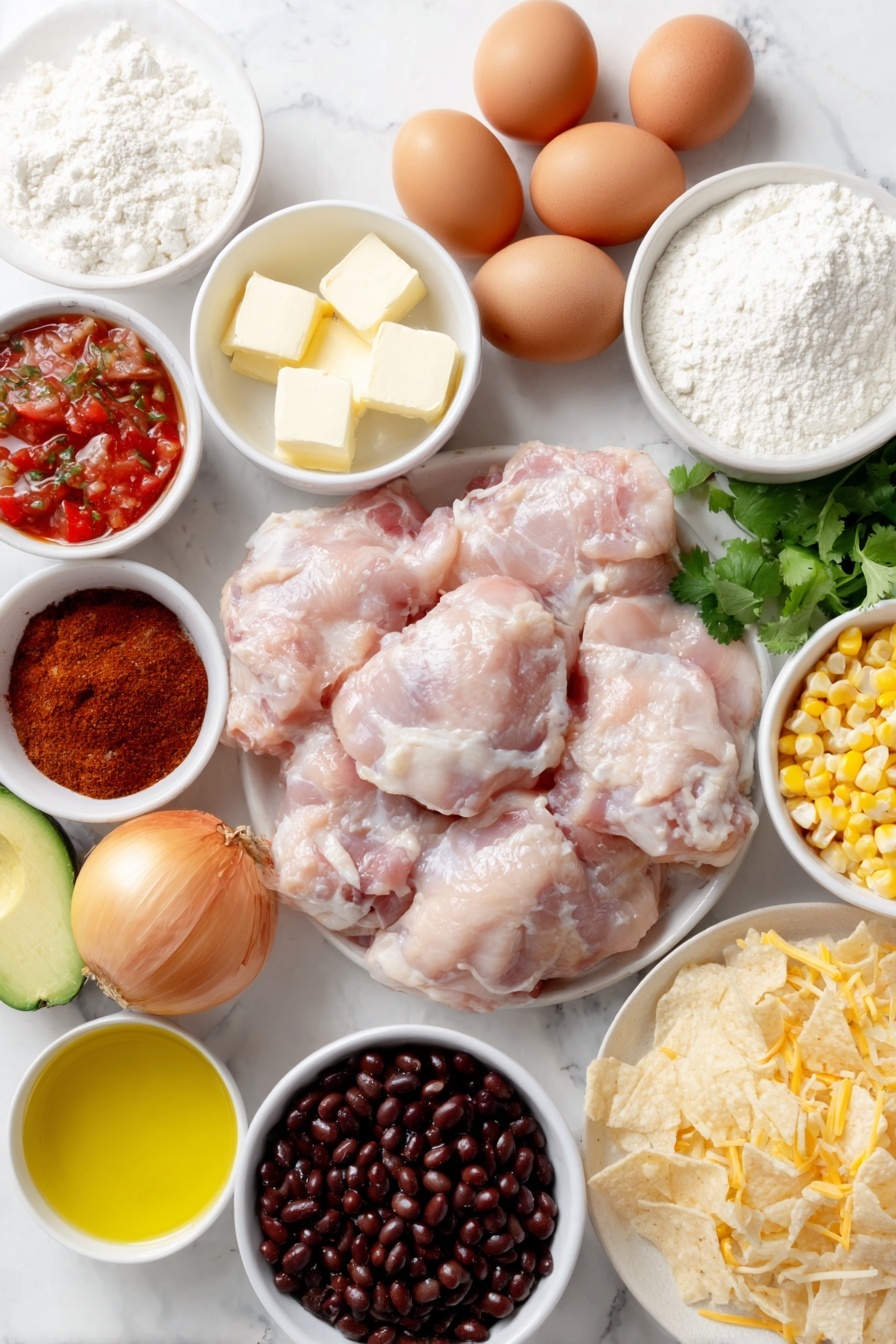 Flat lay of fresh boneless skinless chicken thighs, a small pool of golden olive oil in a white ceramic bowl, a white ceramic bowl with unsalted butter cubes, a halved large yellow onion, whole uncracked brown eggs, a small white bowl of all-purpose flour, several peeled garlic cloves, small white bowls each containing chili powder, ground cumin, dried oregano, smoked paprika, and salt, a white ceramic bowl with low-sodium chicken broth, a small white bowl with granulated chicken bouillon, black beans in a white ceramic bowl, sweet corn kernels in a bowl, fire-roasted diced tomatoes in a bowl, medium salsa in a white bowl, diced mild green chiles in a white bowl, a block of cream cheese cubed on a white plate, a small mound of freshly shredded sharp cheddar cheese on a white plate, fresh cilantro sprigs, small white bowl with lime juice, avocado halves, sliced tomatoes, whole jalapeños, and a small pile of crushed tortilla chips on a white plate, all arranged with perfect symmetry and realistic proportions, placed on a clean white marble surface, soft natural light, photo taken with an iPhone, professional food photography style, fresh ingredients, white ceramic bowls, no bottles, no duplicates, no utensils, no packaging --ar 2:3 --v 7 --p m7354615311229779997