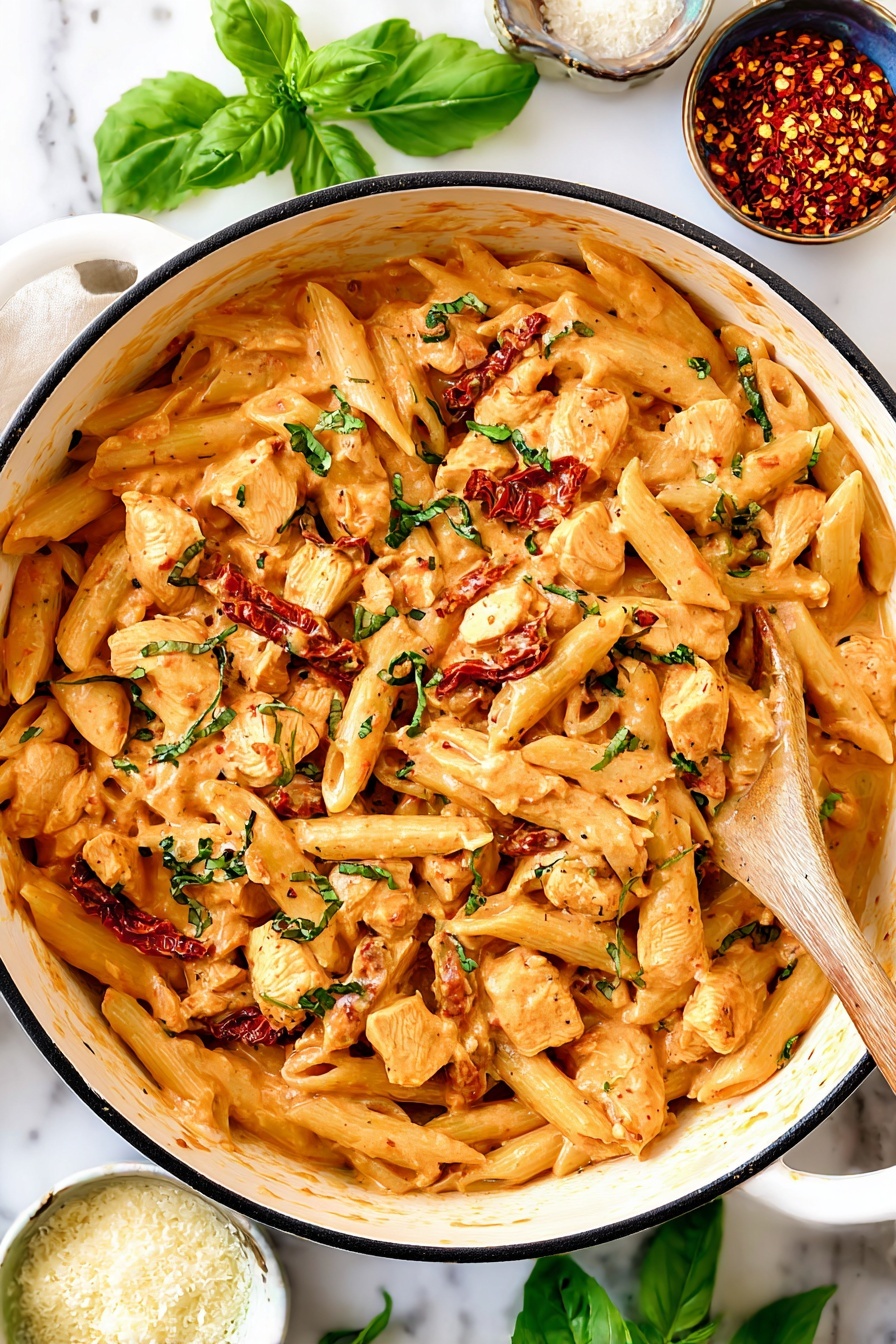 This dish shows pasta with three layers: the pasta pieces are pale yellow, shaped like small tubes or shells, and fully coated in a creamy orange sauce. The sauce has a smooth texture with small bits of red sun-dried tomatoes mixed in. There are chunks of light brown cooked chicken scattered evenly. Fresh green herbs, including flat and curly leaves, are sprinkled over the top, adding a fresh touch. Cracked black pepper is lightly scattered across the whole dish, adding texture and spots of black. The pasta is served in a white bowl on a white marbled surface. photo taken with an iphone --ar 2:3 --v 7