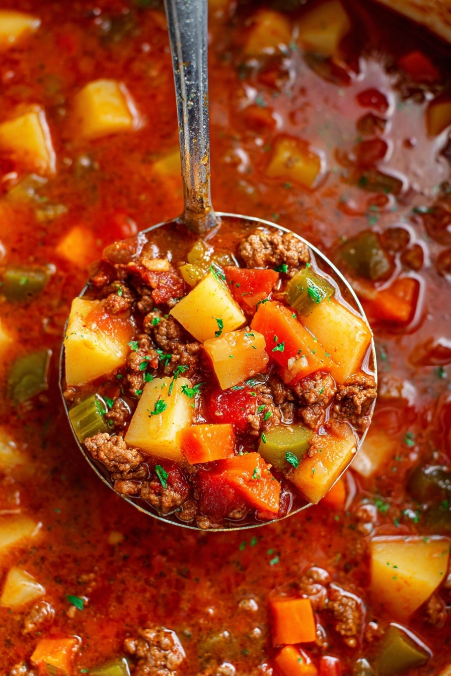This image shows a thick stew with many layers of chunky ingredients in a rich, reddish-brown broth. The stew is filled with cubes of yellow potatoes, orange carrots, green bell peppers, small pieces of cooked ground meat, and some bits of tomato. A silver ladle is scooping up a mix of these colorful ingredients to the center of the image, with small bits of green herbs sprinkled on top for garnish. The background shows a close-up of the stew inside a pot. The picture has warm colors and a hearty, comforting look. photo taken with an iphone --ar 2:3 --v 7