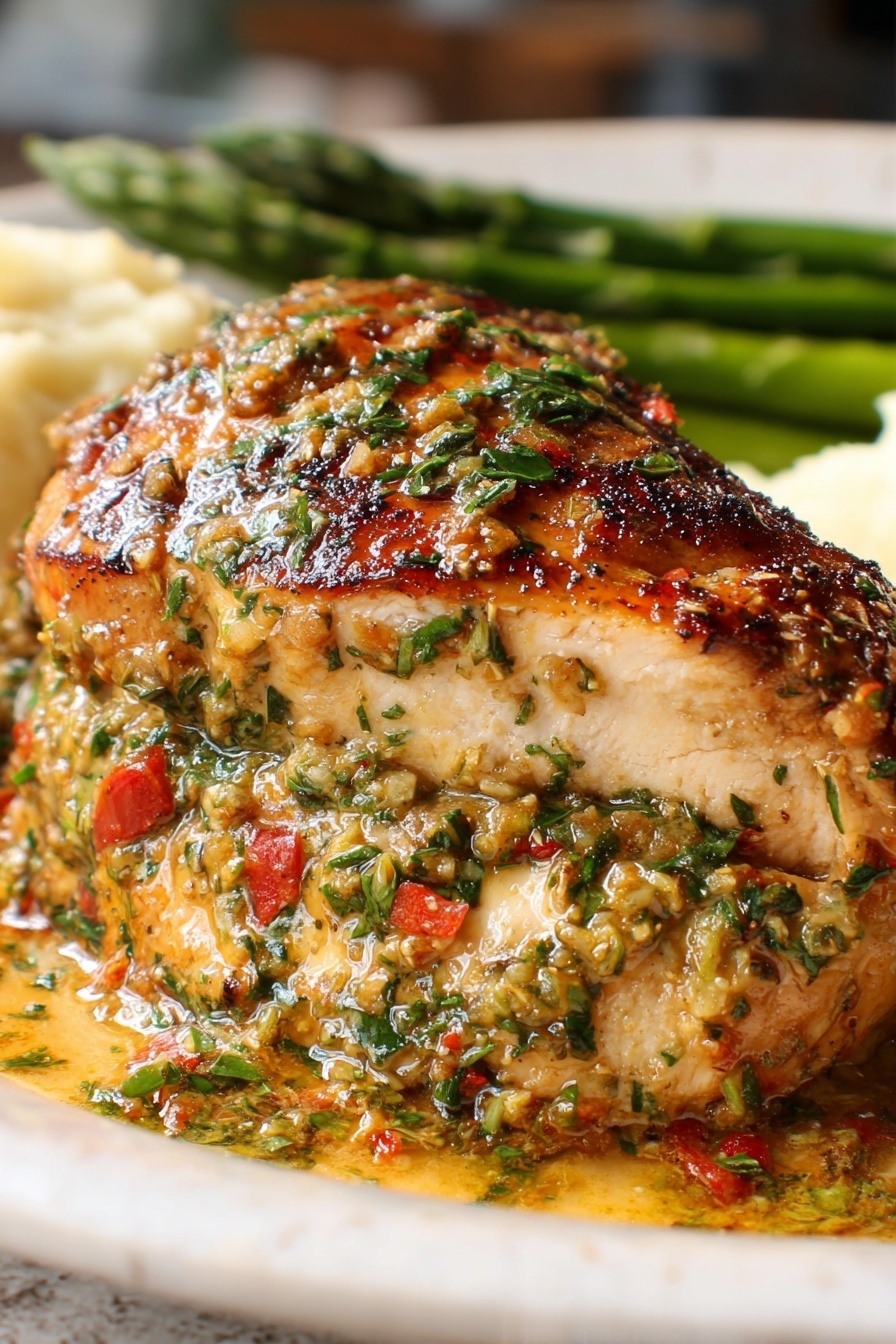 Four golden brown stuffed chicken breasts sit in a black cast iron pan filled with creamy, light brown sauce. Each chicken breast is filled with a colorful mix of red, green, and white vegetables and herbs, which are visible where one piece is lifted up by a silver spoon. The chicken is garnished with finely chopped green herbs, adding freshness to the rich dish. The pan rests on a white marbled surface, creating a clean and bright setting. photo taken with an iphone --ar 2:3 --v 7