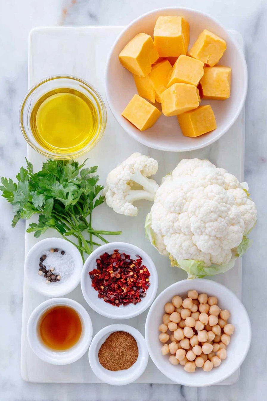 Flat lay of peeled bright orange butternut squash cubes, fresh white cauliflower florets, a small white bowl of smooth golden olive oil, a small white bowl of amber maple syrup, a small white bowl filled with warm brown garam masala powder, a small white bowl of fine salt crystals, a small white bowl of coarse black peppercorns, a small white bowl with vibrant red crushed pepper flakes, a small white bowl of beige chickpeas, and a handful of fresh green parsley sprigs arranged symmetrically on a clean white ceramic plate placed on a clean white marble surface, soft natural light, photo taken with an iPhone, professional food photography style, fresh ingredients, white ceramic bowls, no bottles, no duplicates, no utensils, no packaging --ar 2:3 --v 7 --p m7354615311229779997