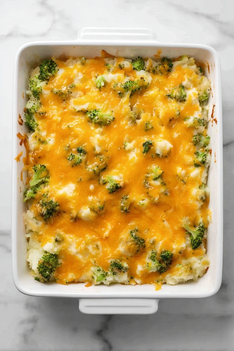 The image shows a white square baking dish filled with a layered casserole. The bottom layer is made of small green broccoli pieces mixed with creamy white mashed potatoes, creating a soft and chunky texture. The top layer has melted cheddar cheese spread evenly across the dish, giving it a bright orange color with smooth, slightly bubbly spots. The dish is placed on a white marbled surface. photo taken with an iphone --ar 2:3 --v 7