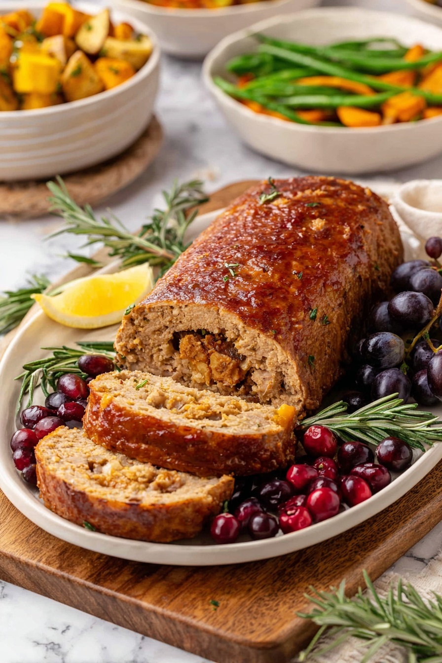 A shiny brown meatloaf with a crispy crust is sliced at one end to show a tan inner layer filled with crumbly stuffing in light brown and orange colors. It sits on a white plate surrounded by dark purple grapes, bright red cranberries, and green rosemary sprigs. The plate is on a wooden board with a white marbled background. In the corner, a lemon wedge is visible near the board, and in the back, there are white bowls with roasted yellow and orange vegetables and green beans. photo taken with an iphone --ar 2:3 --v 7