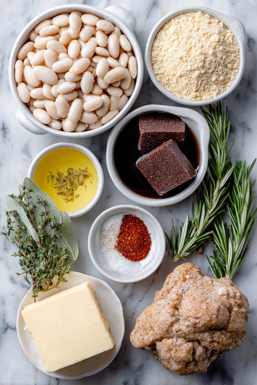 Flat lay of a small white ceramic bowl filled with creamy white beans in their natural liquid, a second small white bowl holding golden melted vegan butter, another small white bowl with dark glossy soy sauce, a third small white bowl showcasing rich brown sugar crystals, fresh green sprigs of chopped rosemary and sage neatly placed beside a mound of pale yellow nutritional yeast flakes, a pile of light beige vital wheat gluten flour, a clean uncracked brown vegan chicken bouillon cube, a small heap of beige garlic powder, a tiny pile of fine salt, a sprinkle of deep red smoked paprika powder, a mound of earthy poultry seasoning, a smooth dollop of white miso paste on a white ceramic plate, and a compact pile of packed vegan stuffing, all arranged symmetrically on a clean white marble surface, soft natural light, photo taken with an iPhone, professional food photography style, fresh ingredients, white ceramic bowls, no bottles, no duplicates, no utensils, no packaging --ar 2:3 --v 7 --p m7354615311229779997