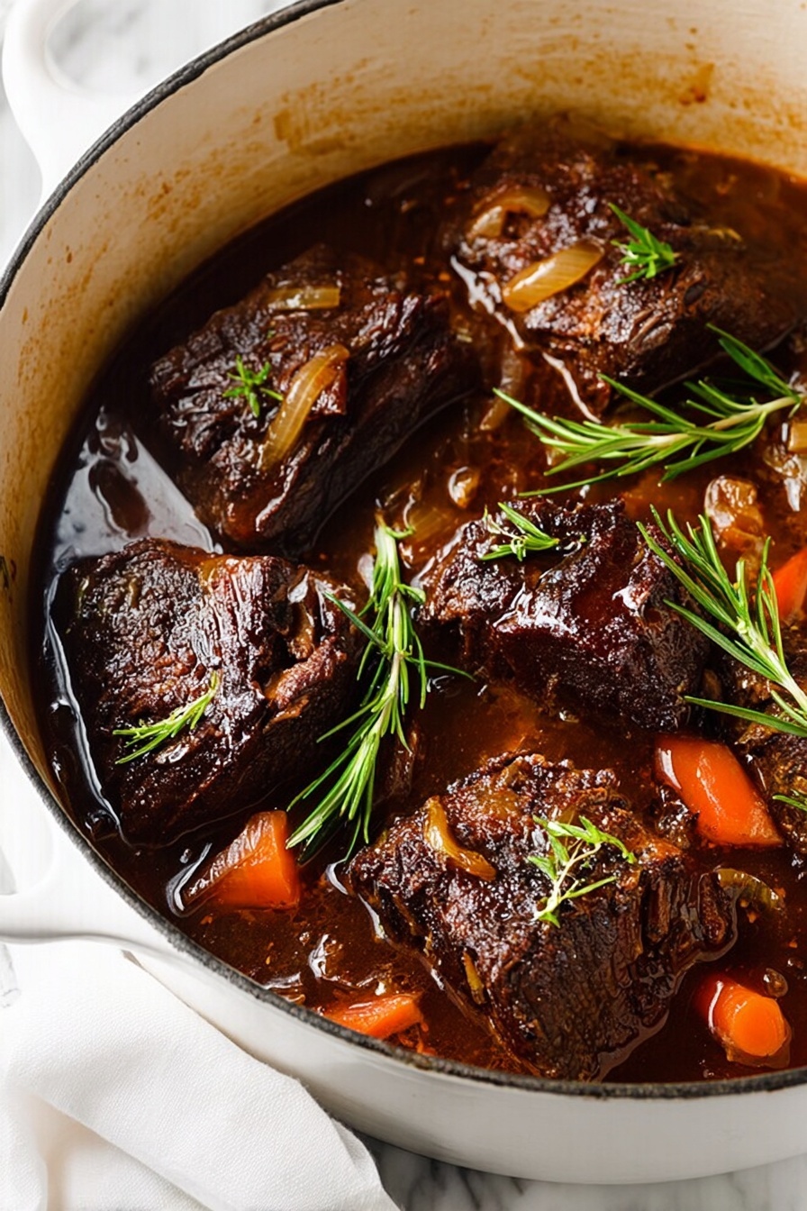 A white round pot filled with six large cooked beef ribs immersed in dark brown broth. The ribs have a rich, dark crust with visible grill marks and are arranged with some bones pointing up and others lying flat. Small orange carrot slices are scattered throughout the broth, along with fresh green rosemary sprigs placed on top of the ribs adding color contrast. The pot handle is visible on the left side and a silver spoon is partly submerged in the broth near the ribs. The pot sits on a white marbled surface with some scattered green herbs and a wooden cutting board partially visible in the background. photo taken with an iphone --ar 2:3 --v 7
