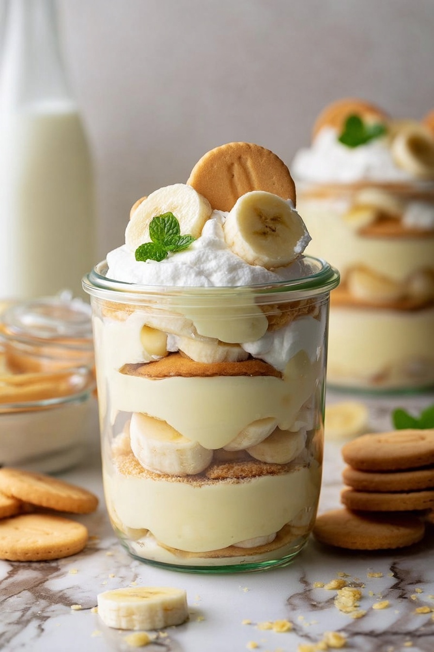 A clear glass jar with six visible layers stands on a white marbled surface. The bottom layer is a creamy pale yellow pudding, topped by a layer of white cream mixed with small banana pieces. Above this is another thin layer of golden brown cookies laid flat. Next is a thicker layer of the same pale yellow pudding, followed by a thicker white cream layer, and then another row of cookies. On top, the jar is generously topped with fluffy white whipped cream, three banana slices slightly overlapping, and a few small green mint leaves. The textures vary from smooth pudding to soft cream and crunchy cookies. Photo taken with an iphone --ar 2:3 --v 7