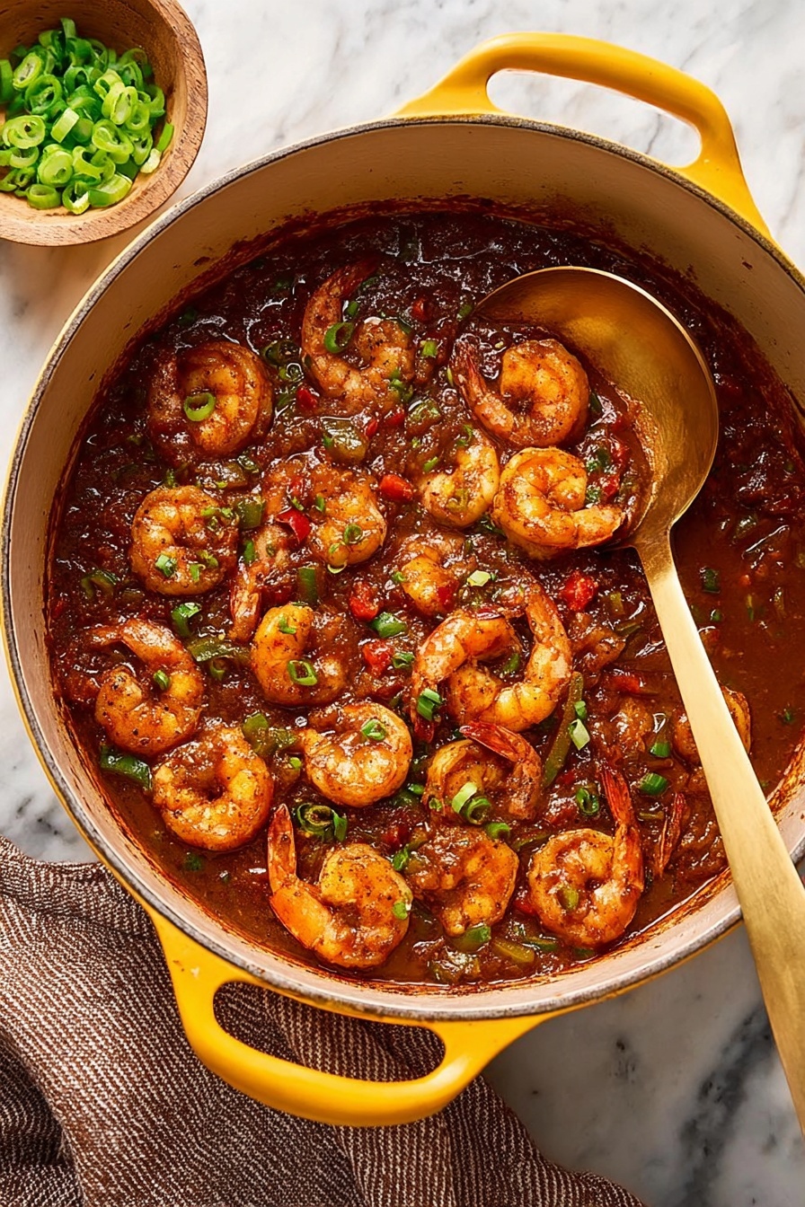 A yellow pot filled with a thick dark reddish-brown sauce holding many cooked shrimp arranged all over the pot. Small chopped red and green bell peppers are mixed into the sauce, with bits of chopped green onions sprinkled on top. A large golden ladle rests inside the pot on the right side, slightly lifting some shrimp from the sauce. The pot sits on a white marbled surface, with a small bowl of sliced green onions in the upper left corner and a brown-striped cloth tucked beneath the pot's lower left edge. photo taken with an iphone --ar 2:3 --v 7