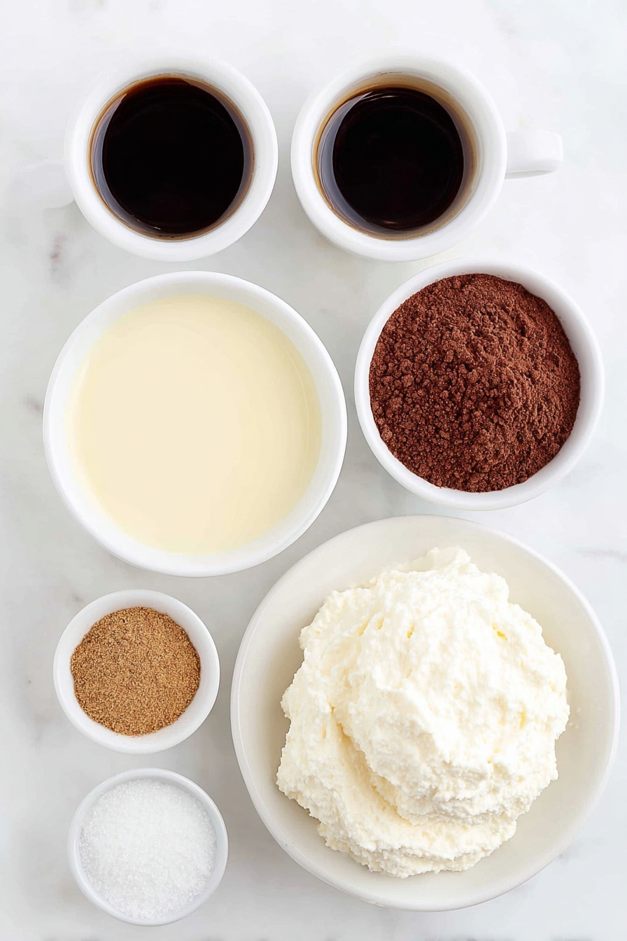 Flat lay of a small white ceramic bowl with unsweetened almond milk, two shots of dark espresso in a small white bowl, a small white bowl containing ground ginger powder, another small white bowl with ground cinnamon, a small white bowl with ground nutmeg, a small white bowl holding ground allspice, a small white bowl with granulated sugar, and a dollop of fresh whipped cream on a simple white ceramic plate, all ingredients fresh and natural, perfectly balanced and symmetrical, placed on a clean white marble surface, soft natural light, photo taken with an iPhone, professional food photography style, fresh ingredients, white ceramic bowls, no bottles, no duplicates, no utensils, no packaging --ar 2:3 --v 7 --p m7354615311229779997