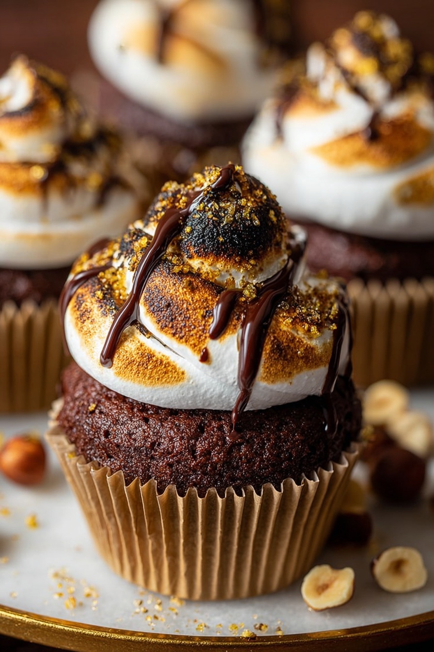 The image shows a close-up of a dark chocolate cupcake in a light brown paper liner resting on a round plate with a golden crushed topping and hazelnuts scattered around. The cupcake has three visible layers: the dense-looking dark brown chocolate cake base, a thick layer of white toasted marshmallow cream swirled on top with slightly browned spots, and a drizzled chocolate sauce in a zigzag pattern over the cream. The background has more similar cupcakes blurred out, and the surface is a white marbled texture with a golden dusted area around the plate photo taken with an iphone --ar 2:3 --v 7