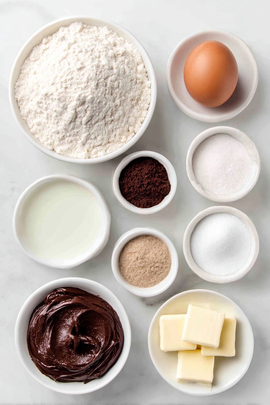 Flat lay of a small white ceramic bowl filled with bread flour, a small white ceramic bowl of water, a small white ceramic bowl of granulated sugar, a small white ceramic bowl of light brown sugar, a small white ceramic bowl with dark cocoa powder, an uncracked large brown egg with a clean shell, a few tablespoons of unsalted butter softly melting on a white ceramic plate, a small white ceramic bowl holding rich chocolate hazelnut spread, a small white ceramic bowl of heavy cream, a small white ceramic bowl of whole milk, a small white ceramic bowl of powdered sugar, and a small white ceramic bowl with vanilla paste, all arranged symmetrically and balanced, placed on a clean white marble surface, soft natural light, photo taken with an iPhone, professional food photography style, fresh ingredients, white ceramic bowls, no bottles, no duplicates, no utensils, no packaging --ar 2:3 --v 7 --p m7354615311229779997
