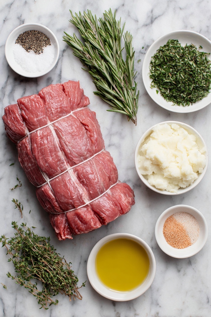 Flat lay of a whole beef tenderloin with fat removed and tied at intervals, a few sprigs of fresh rosemary finely chopped, a small pile of fresh thyme leaves finely chopped, six peeled garlic cloves mashed, two teaspoons ground black pepper in a small white ceramic bowl, three tablespoons kosher salt in a small white bowl, a small white bowl filled with golden olive oil, one teaspoon onion powder in a small white bowl, all arranged symmetrically and balanced on a clean white marble surface, soft natural light, photo taken with an iPhone, professional food photography style, fresh ingredients, white ceramic bowls, no bottles, no duplicates, no utensils, no packaging --ar 2:3 --v 7 --p m7354615311229779997