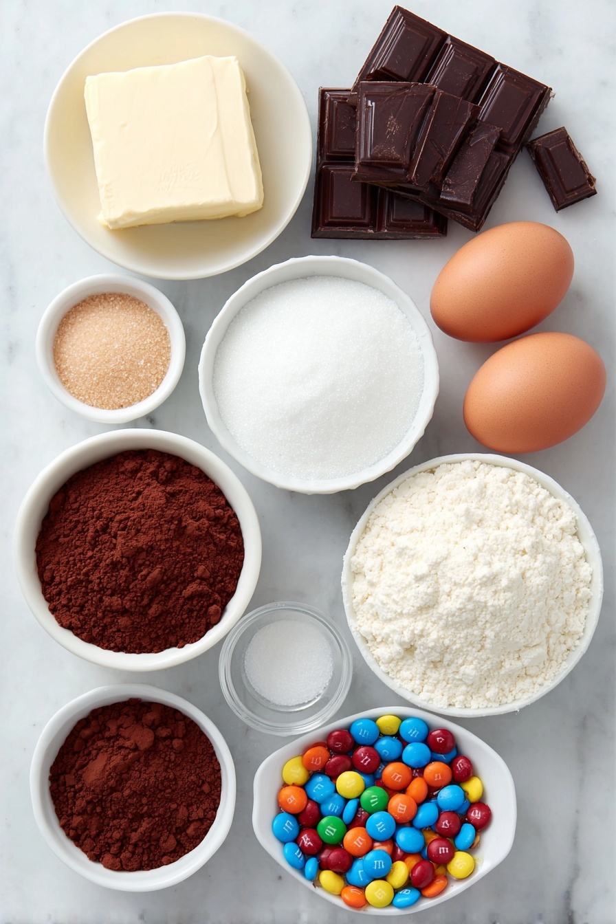 Flat lay of a small pat of unsalted butter, a few chunks of semi-sweet dark chocolate, a small white bowl filled with light brown sugar, another white bowl with granulated white sugar, four whole uncracked brown eggs, a small white bowl of deep reddish-brown Dutch process cocoa powder, a tiny pinch of coarse salt sprinkled beside a small white bowl of clear vanilla extract, a small heap of all-purpose flour directly on the surface, and a modest pile of colorful M&M chocolate candies, all arranged perfectly symmetrical in a balanced layout, placed on a clean white marble surface, soft natural light, photo taken with an iPhone, professional food photography style, fresh ingredients, white ceramic bowls, no bottles, no duplicates, no utensils, no packaging --ar 2:3 --v 7 --p m7354615311229779997
