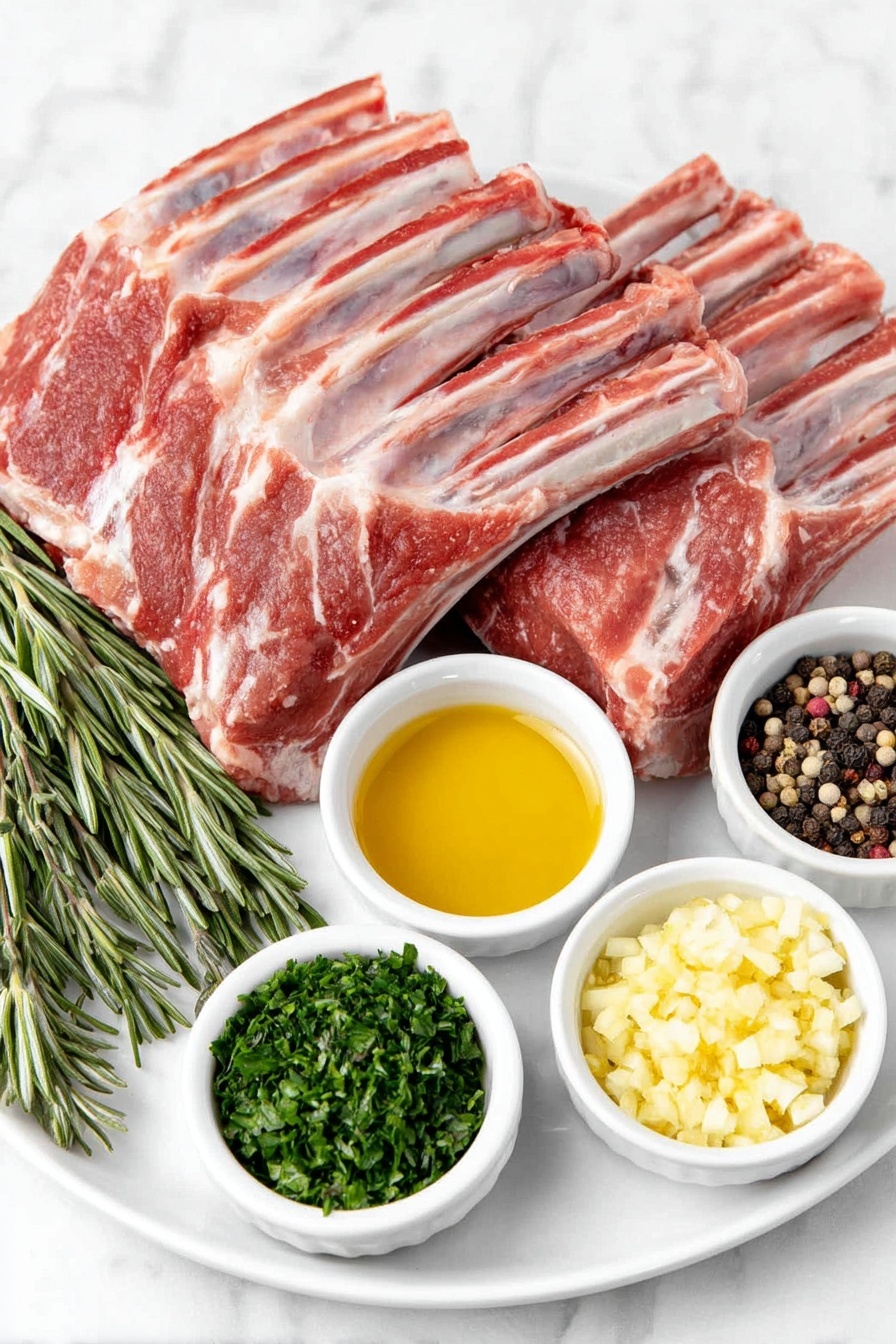 Flat lay of two racks of lamb with clean frenched bones, a small white bowl of golden olive oil, a small white bowl filled with fresh minced garlic, a small white bowl holding bright green minced rosemary leaves, a small white bowl containing fresh thyme leaves, a small white bowl with vibrant green minced parsley leaves, and a scattering of coarse sea salt and cracked black peppercorns placed in perfect balanced symmetry on a simple white ceramic plate, placed on a clean white marble surface, soft natural light, photo taken with an iPhone, professional food photography style, fresh ingredients, white ceramic bowls, no bottles, no duplicates, no utensils, no packaging --ar 2:3 --v 7 --p m7354615311229779997