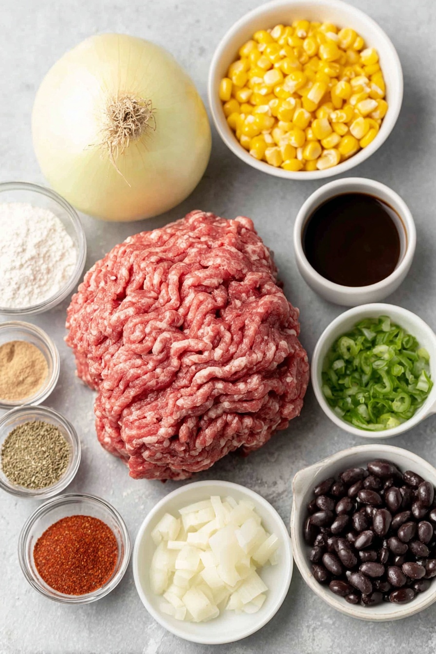 Flat lay of fresh lean ground beef shaped in a loose mound, a whole yellow onion with papery skin intact, a small white ceramic bowl of pale all-purpose flour, another small white bowl filled with vibrant red chili powder, a small white bowl holding light brown ground cumin, a small white bowl with off-white garlic powder, a small white bowl of finely ground light brown coriander, a small white bowl of pinkish salt crystals, a small white bowl of deep red smoked paprika, a small white bowl containing dried oregano leaves, a small white bowl with bright red cayenne pepper powder, several peeled garlic cloves scattered fresh, a small white bowl filled with thick, glossy deep red tomato paste, a small white bowl with golden chicken broth, a small white bowl holding diced bright red fire roasted tomatoes with seeds, a small white bowl of mild green chopped fresh green chiles, a small white bowl with fine dark brown unsweetened cocoa powder, a small white bowl containing white granulated sugar, a tiny pinch of reddish-brown cinnamon powder on white ceramic, a small white bowl of rinsed light brown pinto beans, a small white bowl filled with bright yellow sweet corn kernels, a small white bowl of shiny black sliced olives, a small white bowl with clear pale golden apple cider vinegar, several light yellow corn tortillas stacked neatly and slightly fanned, a small pile of freshly grated pale yellow Monterrey Jack cheese, and a small pile of freshly grated sharp orange cheddar cheese, all ingredients arranged symmetrically and balanced, placed on a clean white marble surface, soft natural light, photo taken with an iPhone, professional food photography style, fresh ingredients, white ceramic bowls, no bottles, no duplicates, no utensils, no packaging --ar 2:3 --v 7 --p m7354615311229779997