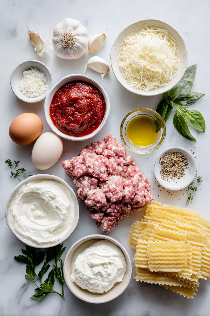 Flat lay of mild Italian sausage in raw bulk form, a small peeled yellow onion chopped, whole uncracked brown egg, a small mound of freshly shredded mozzarella cheese, a small white ceramic bowl with smooth whole milk ricotta cheese, a small white ceramic bowl with creamy sour cream, a small white ceramic bowl with finely grated Parmesan cheese, a small white ceramic bowl of rich red tomato paste, a few garlic cloves peeled and whole, a few sprigs of fresh basil, a few sprigs of fresh parsley, a small white ceramic bowl with olive oil, a pinch of dried red pepper flakes on white ceramic, a pinch of dried oregano, a pinch of dried thyme, a few classic cooked lasagna noodles laid flat, all ingredients arranged symmetrically on a clean white marble surface, soft natural light, photo taken with an iPhone, professional food photography style, fresh ingredients, white ceramic bowls, no bottles, no duplicates, no utensils, no packaging --ar 2:3 --v 7 --p m7354615311229779997