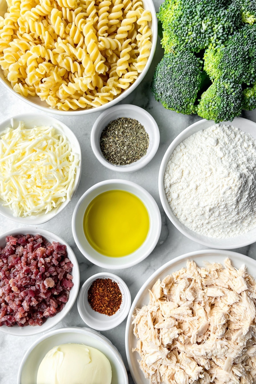 Flat lay of uncooked cavatappi pasta spirals, fresh bright green broccoli florets, thick slices of cooked and crumbled golden-brown bacon, a small white bowl of glossy olive oil, a pat of creamy unsalted butter, half a white onion diced finely, a chopped vibrant red bell pepper, several peeled garlic cloves minced, a small white bowl with pale all-purpose flour, a small white bowl filled with creamy half and half, a small white bowl of golden low sodium chicken broth, a small white bowl containing light beige dry ranch seasoning powder, a small white bowl of coarse salt, a small white bowl of dried basil leaves, a small white bowl of ground mustard powder, a small white bowl of black pepper, a small white bowl of red pepper flakes, a small white bowl of smooth sour cream, a neat pile of freshly shredded sharp cheddar cheese, a neat pile of freshly shredded mozzarella cheese, tender shredded rotisserie chicken, whole clean brown eggs arranged neatly -- all ingredients placed with perfect symmetry on simple white ceramic bowls and plates, placed on a clean white marble surface, soft natural light, photo taken with an iPhone, professional food photography style, fresh ingredients, white ceramic bowls, no bottles, no duplicates, no utensils, no packaging --ar 2:3 --v 7 --p m7354615311229779997