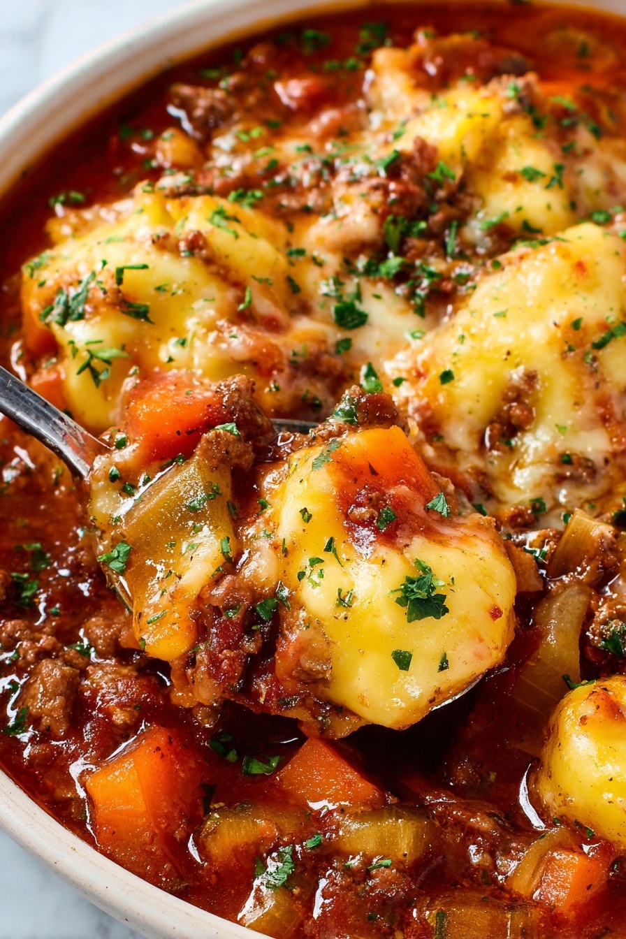 The image shows a close-up of a thick, rich stew with several layers visible. The base layer is a deep reddish-brown broth mixed with small chunks of vegetables, including bright orange carrots and green celery. On top, there are soft, yellowish dumplings covered in melted cheese that looks creamy and slightly browned. Small bits of ground meat are spread throughout the dish. The stew is garnished with fresh chopped green herbs, scattered over the top, adding a splash of color. A silver spoon scoops some stew, showing the soft texture and mix of ingredients inside. The dish is served in a white bowl on a white marbled surface. photo taken with an iphone --ar 2:3 --v 7