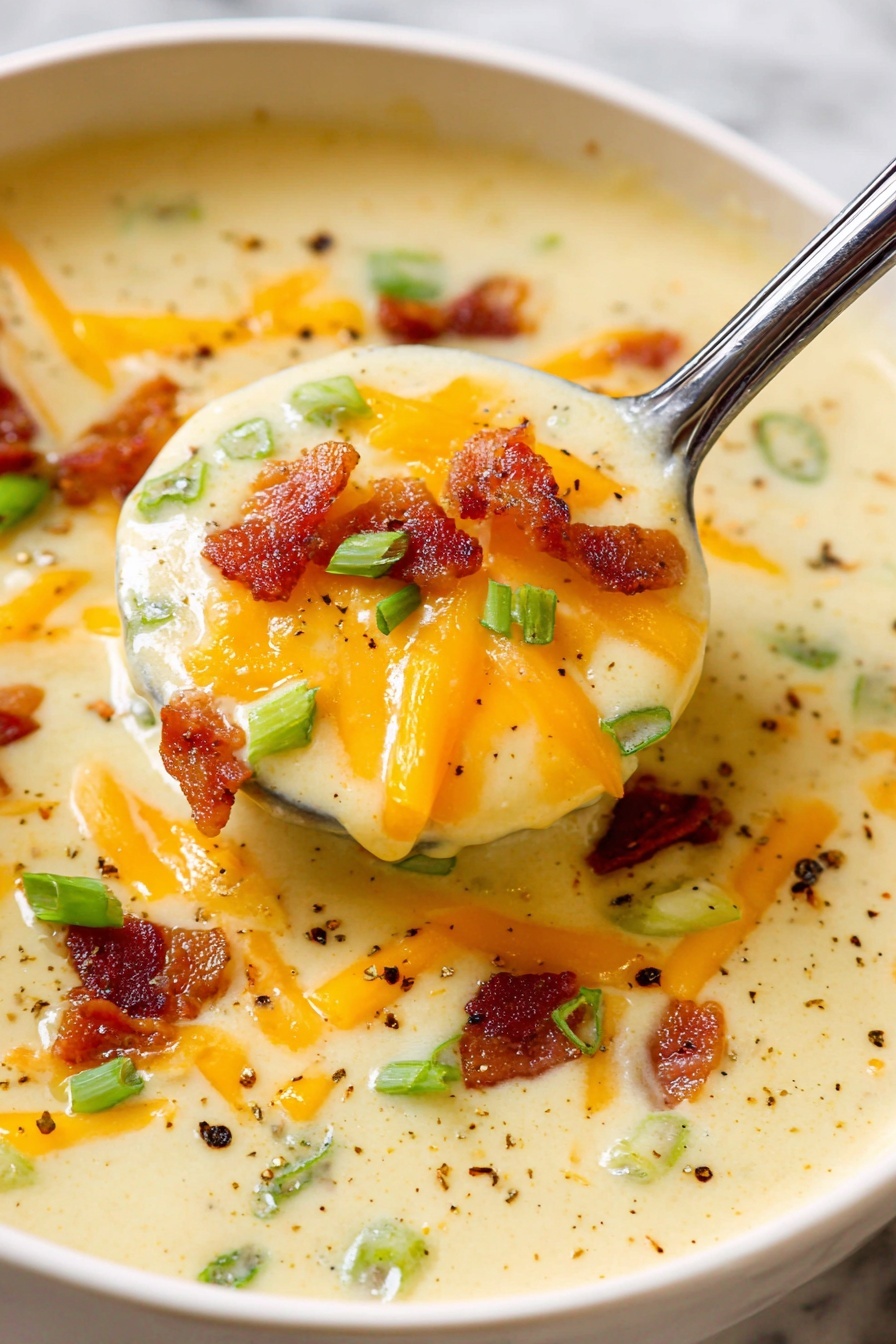 A creamy cheese soup with a thick, smooth light yellow base, dotted with small green onion slices and black pepper specks. The soup is layered with bright orange shredded cheese melting on top, and small reddish-brown crispy bacon bits scattered evenly across the surface. A ladle is lifting a scoop filled with the same creamy soup, bacon bits, cheese, and green onions. The background is a white marbled texture. Photo taken with an iphone --ar 2:3 --v 7