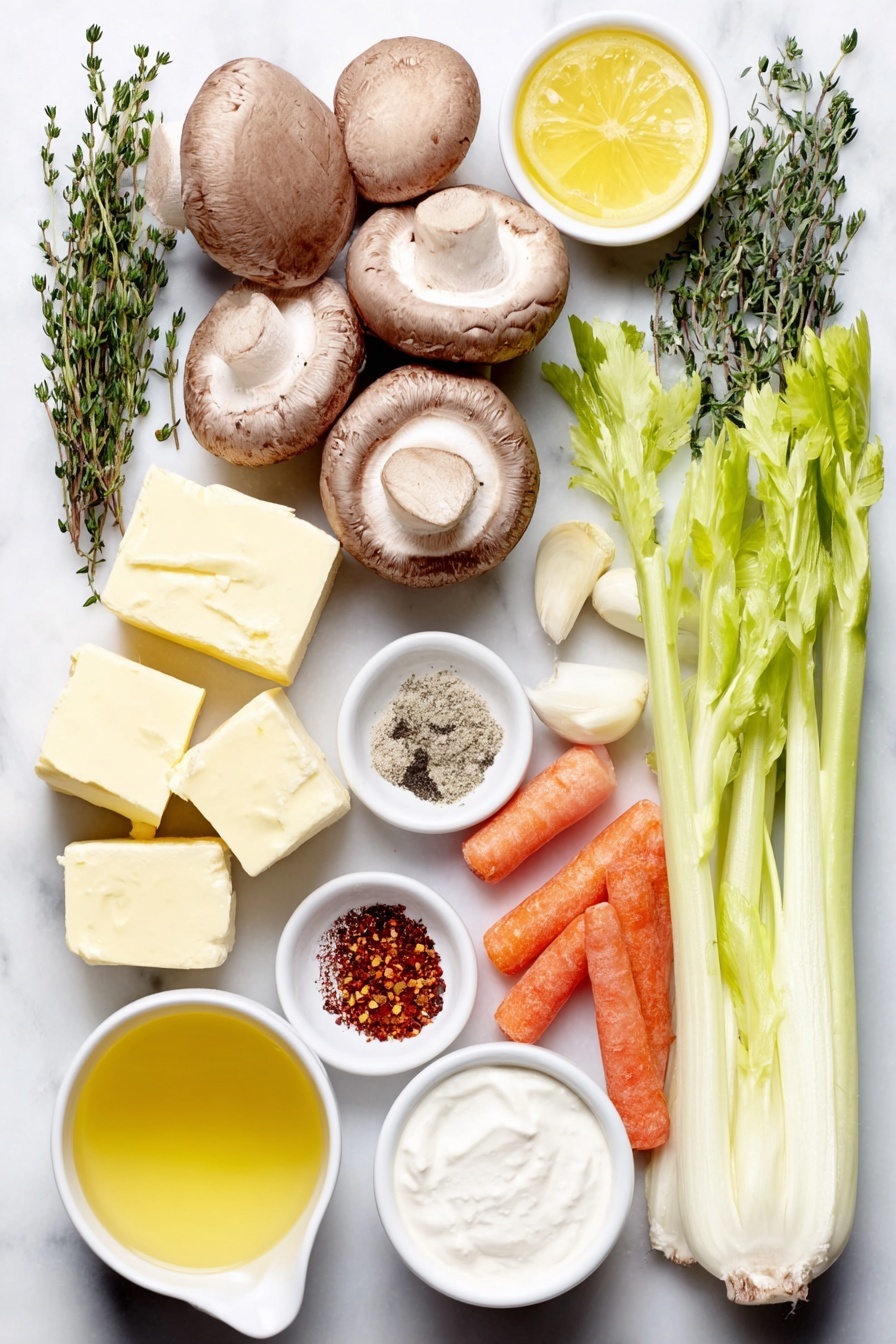 Flat lay of fresh cremini mushrooms whole and sliced, three medium orange carrots roughly chopped, three bright green celery stalks roughly chopped, one small yellow onion peeled and roughly chopped, four whole peeled garlic cloves, two tablespoons unsalted butter squares, two tablespoons golden olive oil in small white ceramic bowls, one small white ceramic bowl with Worcestershire sauce, a sprinkle of fresh green thyme leaves, small piles of paprika and dried dill powders, tiny heaps of black pepper and dried oregano, a pinch of red pepper flakes, a small mound of white all-purpose flour, a small white ceramic bowl with beef bouillon granules, a small white ceramic bowl filled with low-sodium chicken broth, a small white ceramic bowl with creamy white milk, a small white ceramic bowl with thick Greek yogurt or sour cream, a small white ceramic bowl with dark balsamic vinegar, a small white ceramic bowl with bright yellow lemon juice, fresh green parsley sprigs and chives, all arranged symmetrically on a clean white marble surface, soft natural light, photo taken with an iPhone, professional food photography style, fresh ingredients, white ceramic bowls, no bottles, no duplicates, no utensils, no packaging --ar 2:3 --v 7 --p m7354615311229779997