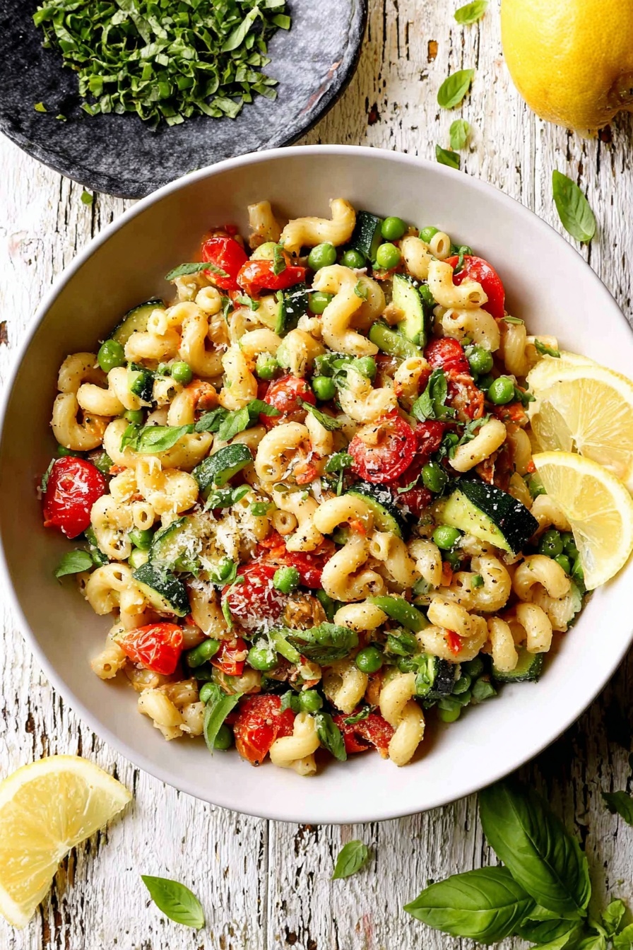A white bowl sits on a white marbled surface, filled with a colorful pasta salad that has three main layers. The bottom layer consists of pale yellow, spiral-shaped pasta. The middle layer includes peas, bright green asparagus pieces, and diced orange and red bell peppers. The top layer is made up of halved red cherry tomatoes and fresh green basil leaves scattered on top. A thin sprinkle of white grated cheese covers parts of the salad, and two thin lemon slices rest on the side of the bowl. Around the bowl, there are loose basil leaves, half of a lemon, and a small white dish filled with chopped herbs. Photo taken with an iphone --ar 2:3 --v 7