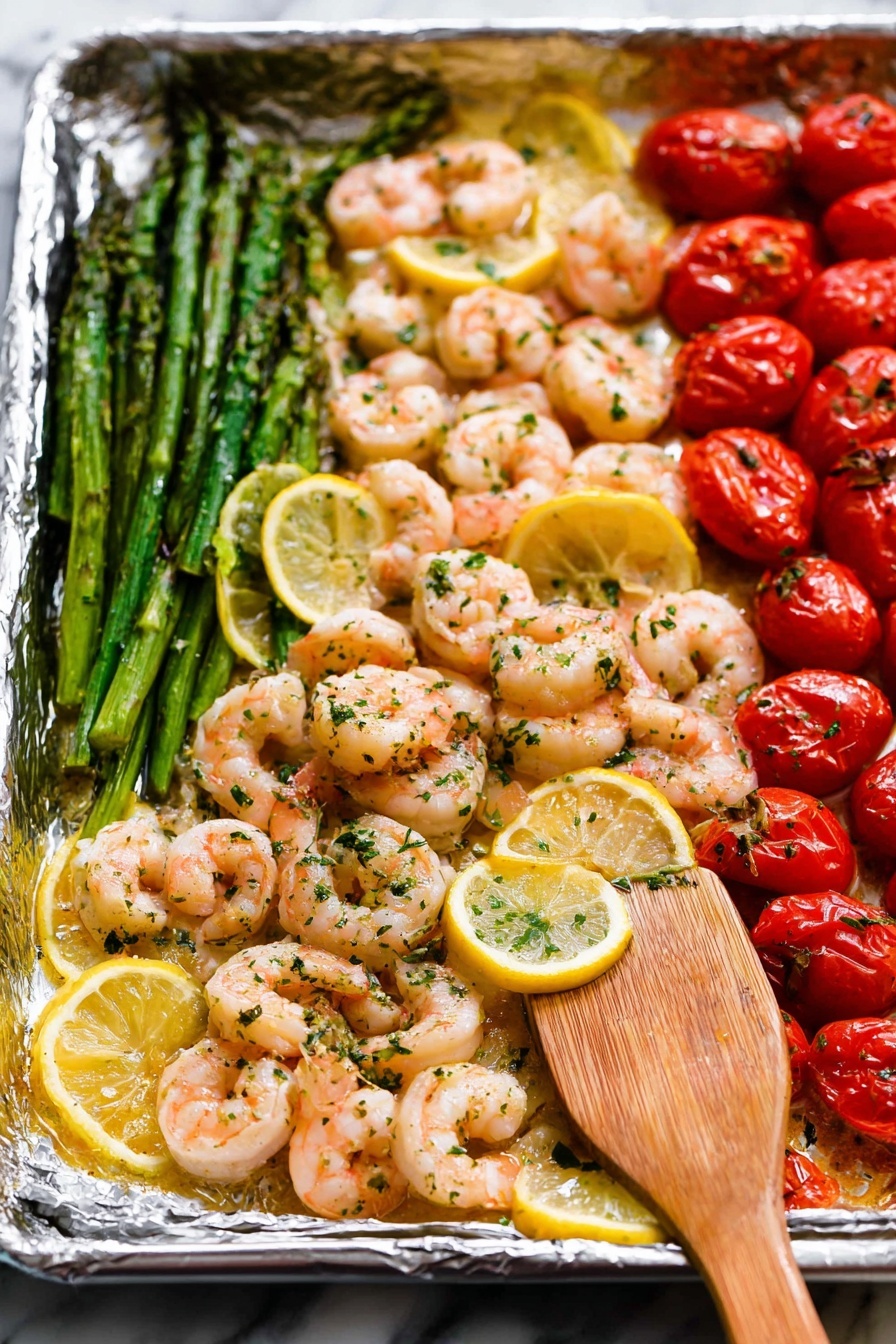 A metal tray lined with foil holds cooked shrimp and vegetables. The shrimp are light pink and spread in the left two-thirds of the tray, with small green herb flakes sprinkled on them. Thin lemon slices are placed under some shrimp, adding a bright yellow layer beneath. On the right side, there is a cluster of red cherry tomatoes and green asparagus, both shiny and cooked. A wooden spatula is under some shrimp and tomatoes, lifting them slightly. The whole image is set on a white marbled surface. Photo taken with an iphone --ar 2:3 --v 7