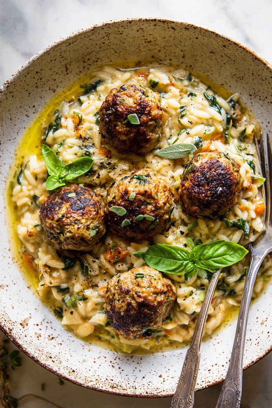 A white speckled bowl filled with creamy orzo risotto that has visible green leafy herbs and small bits of orange vegetables mixed throughout. On top, five browned meatballs seasoned with herbs are placed evenly around the bowl. A small olive oil pool shines around the orzo near the meatballs. Two silver forks rest together on the left side inside the bowl. Fresh bright green basil leaves garnish the dish, adding a fresh color contrast. The bowl sits on a white marbled texture surface with soft warm light shining over it. Photo taken with an iphone --ar 2:3 --v 7