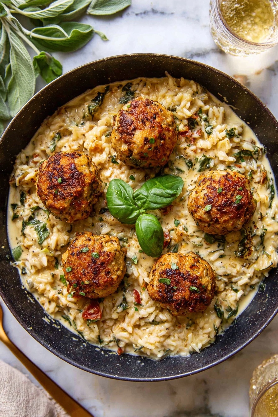 A white speckled plate filled with a creamy rice dish mixed with green leafy herbs and small bits of tomato, creating a textured, rich base layer. On top are five golden-brown, seasoned meatballs with a slightly crispy outer layer and visible herbs sprinkled over them, spaced evenly in a circular pattern. Two vintage silver serving spoons rest on the left side of the plate, partially dipped into the rice. A few fresh green basil leaves decorate the dish near the top, adding a fresh touch. The plate is set on a white marbled surface with some fresh leafy herbs nearby and a glass of light-colored drink visible on the right. Photo taken with an iphone --ar 2:3 --v 7