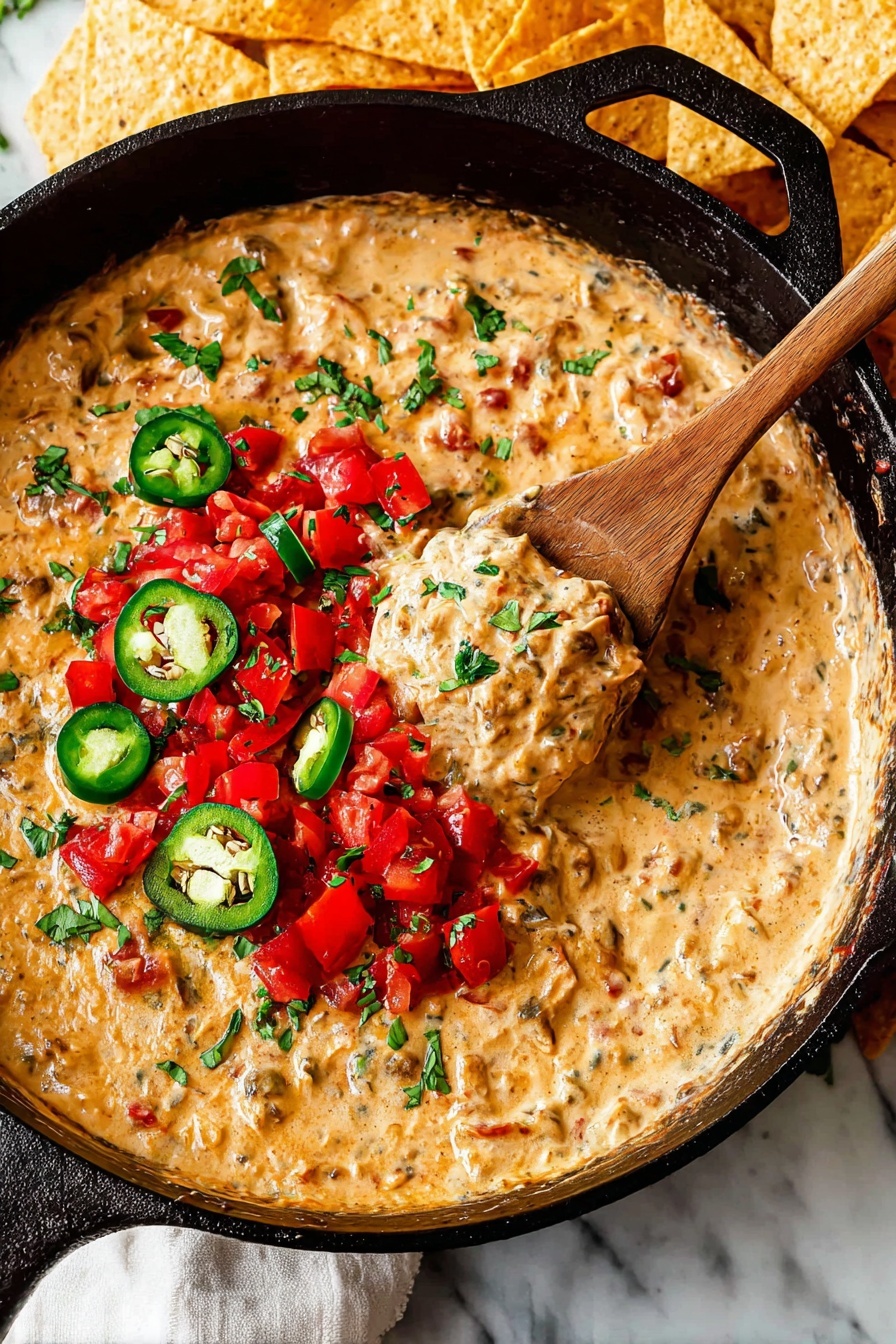 A black cast iron pan holds a creamy, light brown dip with a chunky texture. The dip mixes finely chopped red tomatoes and green jalapeño slices on top, along with small chopped green herbs sprinkled across the surface. A wooden spoon is partly dipped into the creamy mixture, lifting some of the dip with more chopped red tomatoes and jalapeño slices on it. Around the pan, crunchy-looking triangular tortilla chips are placed on a white marbled surface. photo taken with an iphone --ar 2:3 --v 7