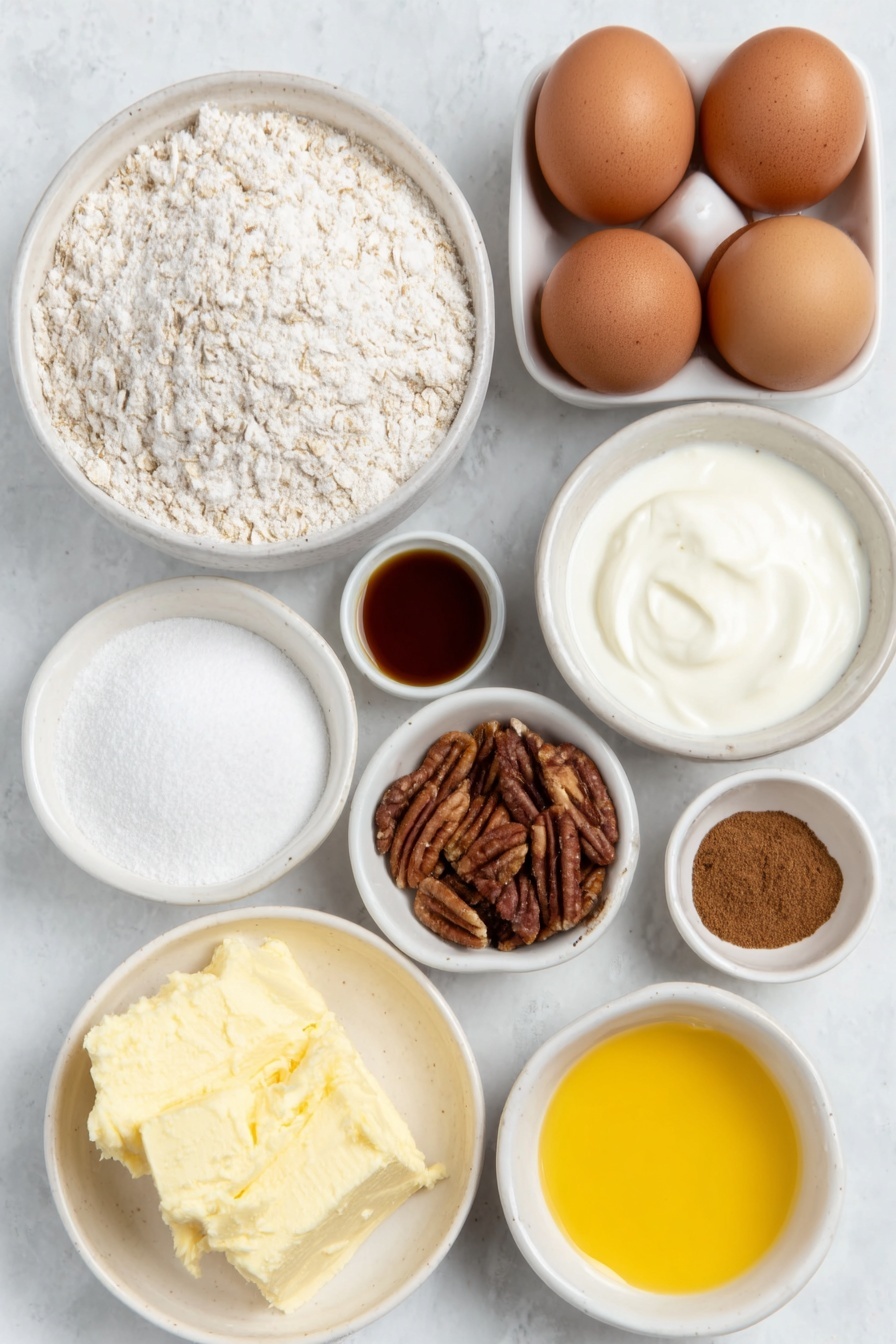Flat lay of a small white ceramic bowl of unsalted butter softened, a small white ceramic bowl of light brown sugar, one large whole brown egg, a small white ceramic bowl of vanilla extract, a small white ceramic bowl of all-purpose flour, a small white ceramic bowl of rolled oats, a small white ceramic bowl of fine sea salt, a small white ceramic bowl of water, four large whole brown eggs, a small white ceramic bowl of heavy cream, a small white ceramic bowl of whole milk, a small white ceramic bowl of granulated sugar, a small white ceramic bowl of vanilla bean paste, a small white ceramic bowl of ground nutmeg, a small white ceramic bowl of ground cinnamon, a small white ceramic bowl of ground cloves, a small white ceramic bowl of coarse sugar, a small white ceramic bowl of finely chopped pecans, placed on a clean white marble surface, soft natural light, photo taken with an iPhone, professional food photography style, fresh ingredients, white ceramic bowls, no bottles, no duplicates, no utensils, no packaging --ar 2:3 --v 7 --p m7354615311229779997