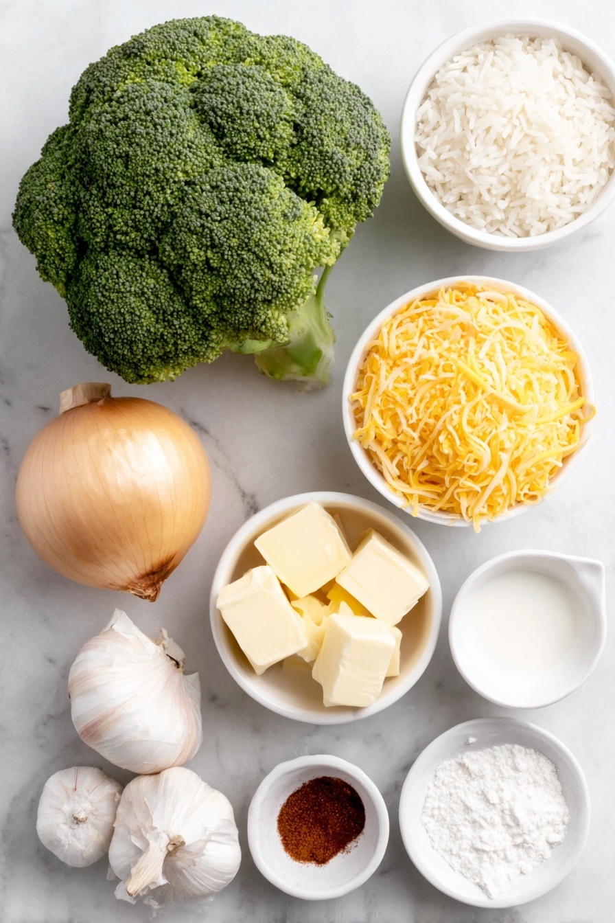 Flat lay of fresh green broccoli florets, a simple white ceramic bowl of cooked white rice, a small white bowl filled with shredded sharp cheddar cheese, one whole yellow onion with smooth skin, two uncracked garlic cloves, a few cubes of pale yellow butter arranged neatly, a small white bowl with all-purpose flour, a small white bowl of whole milk, and small white bowls containing fine salt, smoked paprika, cayenne pepper, and freshly cracked black pepper, all ingredients fresh and natural, balanced symmetrically on a clean white marble surface, soft natural light, photo taken with an iPhone, professional food photography style, fresh ingredients, white ceramic bowls, no bottles, no duplicates, no utensils, no packaging --ar 2:3 --v 7 --p m7354615311229779997