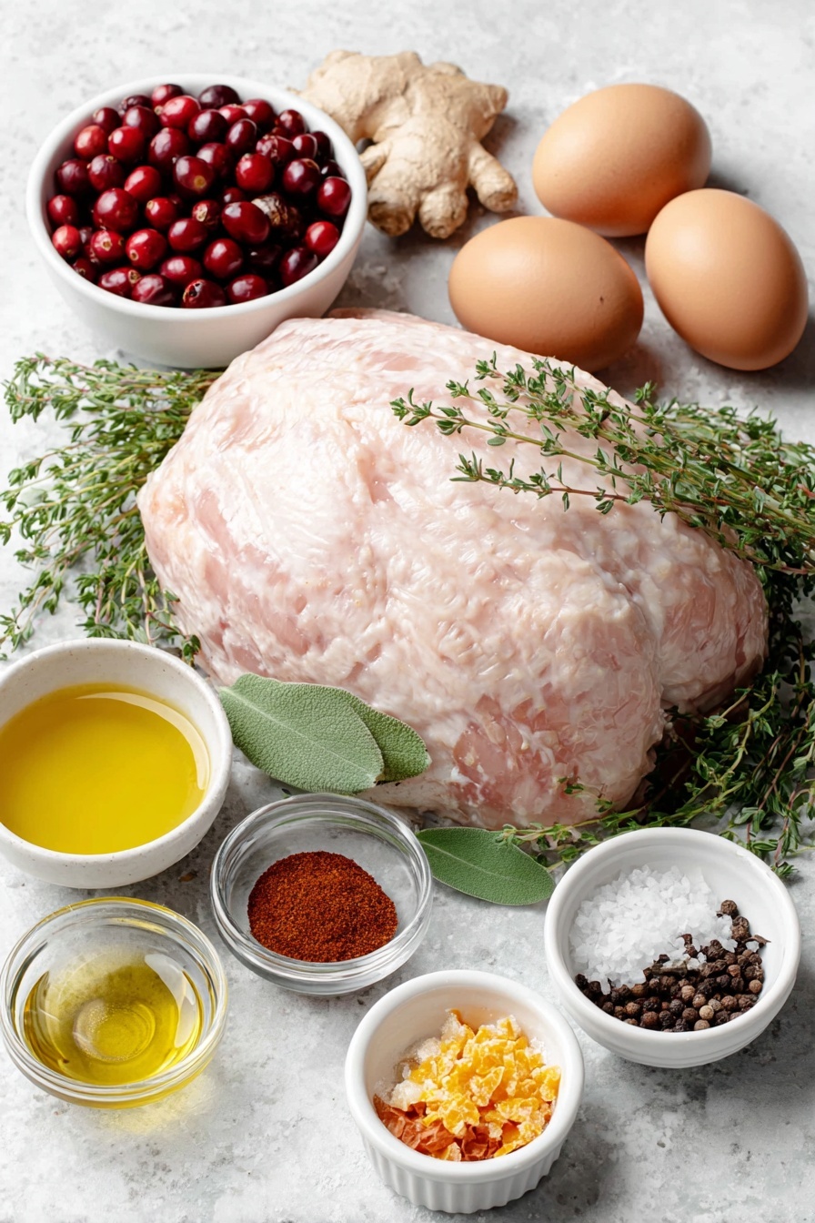 Flat lay of a whole raw boneless turkey breast with natural pale pink skin and smooth texture, a few fresh green thyme sprigs, four fresh bay leaves, whole black peppercorns scattered, fresh whole ginger root with a knobby tan surface, two brown whole uncracked eggs, small white ceramic bowls containing golden olive oil, bright red fresh cranberries, light brown coarse kosher salt crystals, dark brown packed brown sugar, vibrant fresh orange zest peels, a small mound of ground paprika powder, a small mound of ground black pepper, a small mound of garlic powder, a small mound of onion powder, a small mound of cayenne pepper, a small mound of ground cloves, a small mound of dried oregano leaves, a small mound of ground cinnamon, a small white bowl filled with clear white wine, a small white bowl with pale orange fresh orange juice, a small white bowl of honey with a rich amber color, and a small white bowl with clear water—all arranged symmetrically on a clean white marble surface, soft natural light, photo taken with an iPhone, professional food photography style, fresh ingredients, white ceramic bowls, no bottles, no duplicates, no utensils, no packaging --ar 2:3 --v 7 --p m7354615311229779997