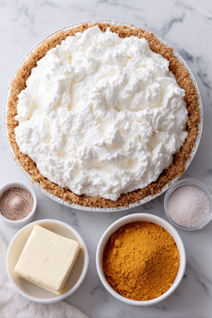 Flat lay of a block of cream cheese, a small mound of granulated sugar, a simple white ceramic bowl with fluffy whipped cream, a whole uncut 9-inch graham cracker pie crust, a small white bowl of instant vanilla pudding powder, a small white bowl of milk, a small white bowl filled with smooth canned pumpkin puree, a small white bowl with a mix of pumpkin pie spice, ground nutmeg, and cinnamon, placed on a clean white marble surface, soft natural light, photo taken with an iPhone, professional food photography style, fresh ingredients, white ceramic bowls, no bottles, no duplicates, no utensils, no packaging --ar 2:3 --v 7 --p m7354615311229779997