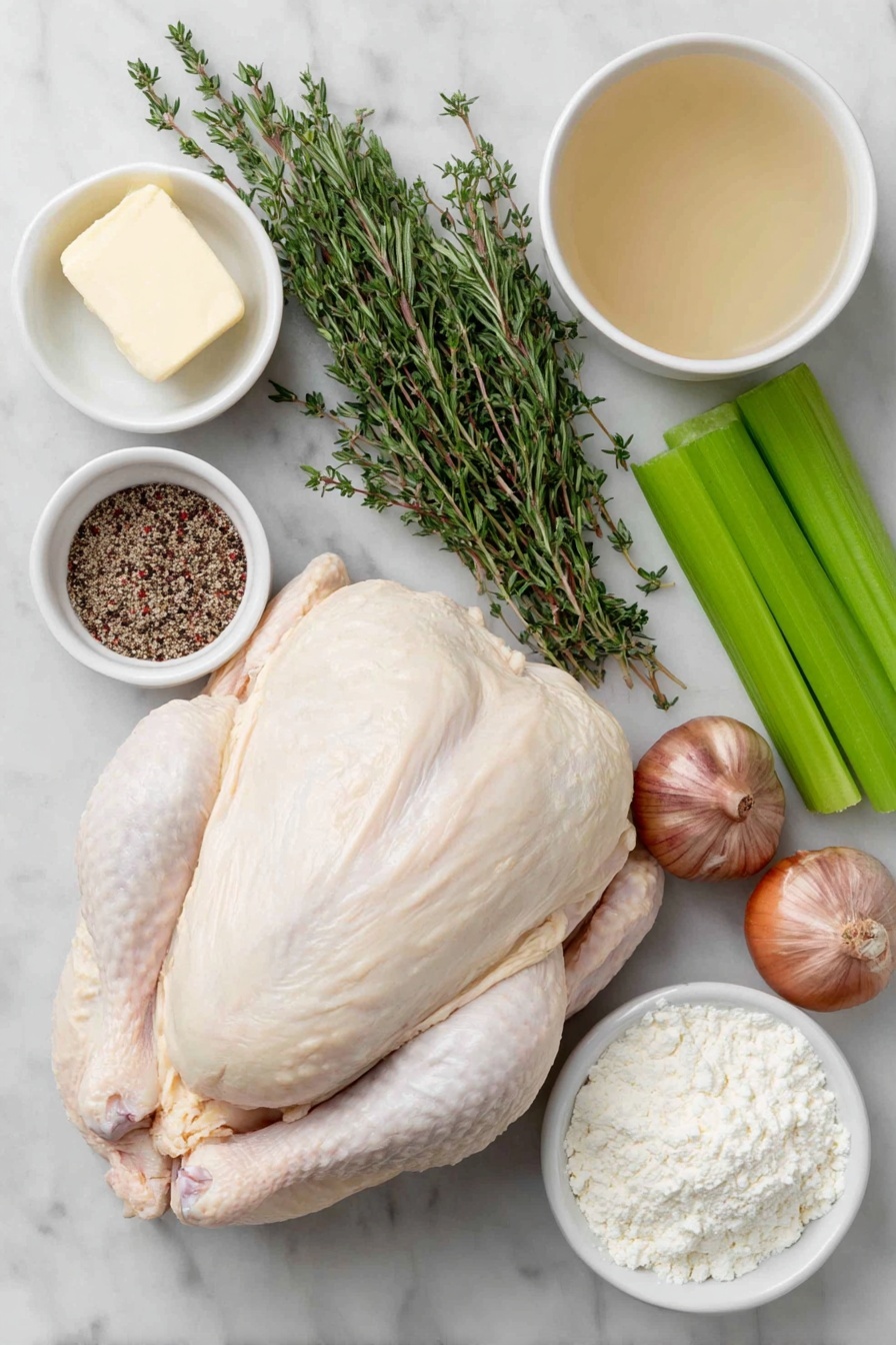 Flat lay of a fresh bone-in skin-on turkey breast, a small mound of softened unsalted butter, three whole uncracked brown garlic cloves, a few sprigs of fresh thyme, rosemary, and sage arranged side by side, coarse salt and freshly ground black pepper in small white ceramic bowls, a large yellow onion quartered into chunks, a large peeled carrot cut into thick chunks, two green celery ribs sliced into chunks, a small white bowl of plain purpose flour, and a small white bowl of clear low-sodium chicken broth, all placed on a clean white marble surface, soft natural light, photo taken with an iPhone, professional food photography style, fresh ingredients, white ceramic bowls, no bottles, no duplicates, no utensils, no packaging --ar 2:3 --v 7 --p m7354615311229779997