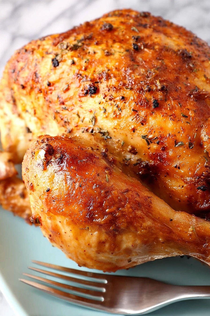 A close-up view of a roasted golden brown chicken lying on a white plate, showing a textured, crispy skin with visible seasoning and small black pepper flakes scattered on top. The chicken is positioned on the plate with its side facing up, and a silver fork is placed next to it. The background is a white marbled texture. photo taken with an iphone --ar 2:3 --v 7