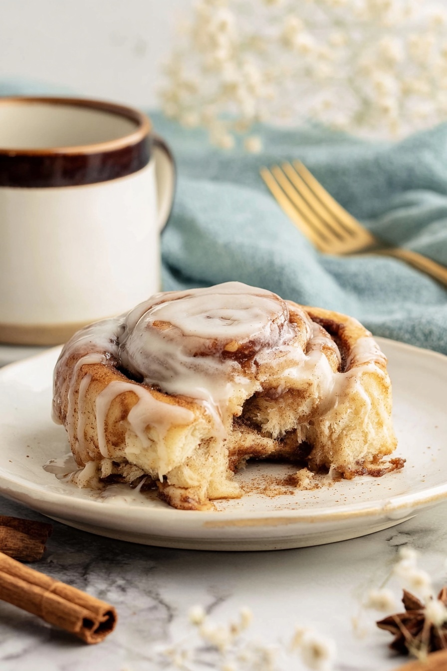 A close-up image shows a white, soft cinnamon roll with two layers: the bottom layer is fluffy dough with a light beige color and airy texture, and the top layer is a swirl of darker brown cinnamon filling. The cinnamon roll is covered in a thick, creamy light beige frosting that appears smooth and slightly shiny, with some tiny specks of cinnamon. The roll is being lifted out of a metal baking tray with a wooden spatula, held by a woman's hand visible in the top right corner. The background and surface have a white marbled texture. Photo taken with an iphone --ar 2:3 --v 7